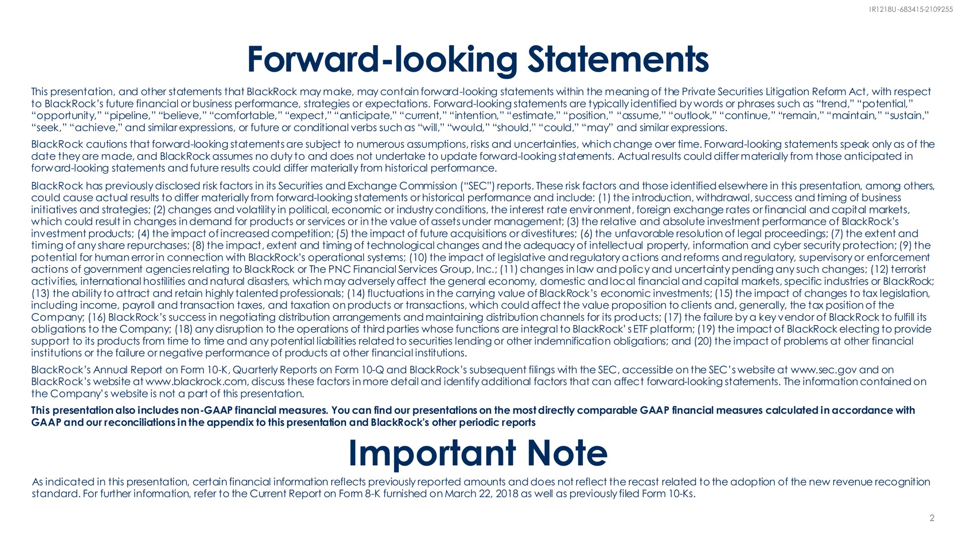 forward looking statements important note | BlackRock