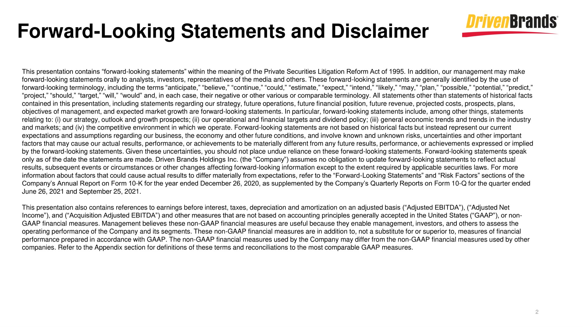 forward looking statements and disclaimer | DrivenBrands