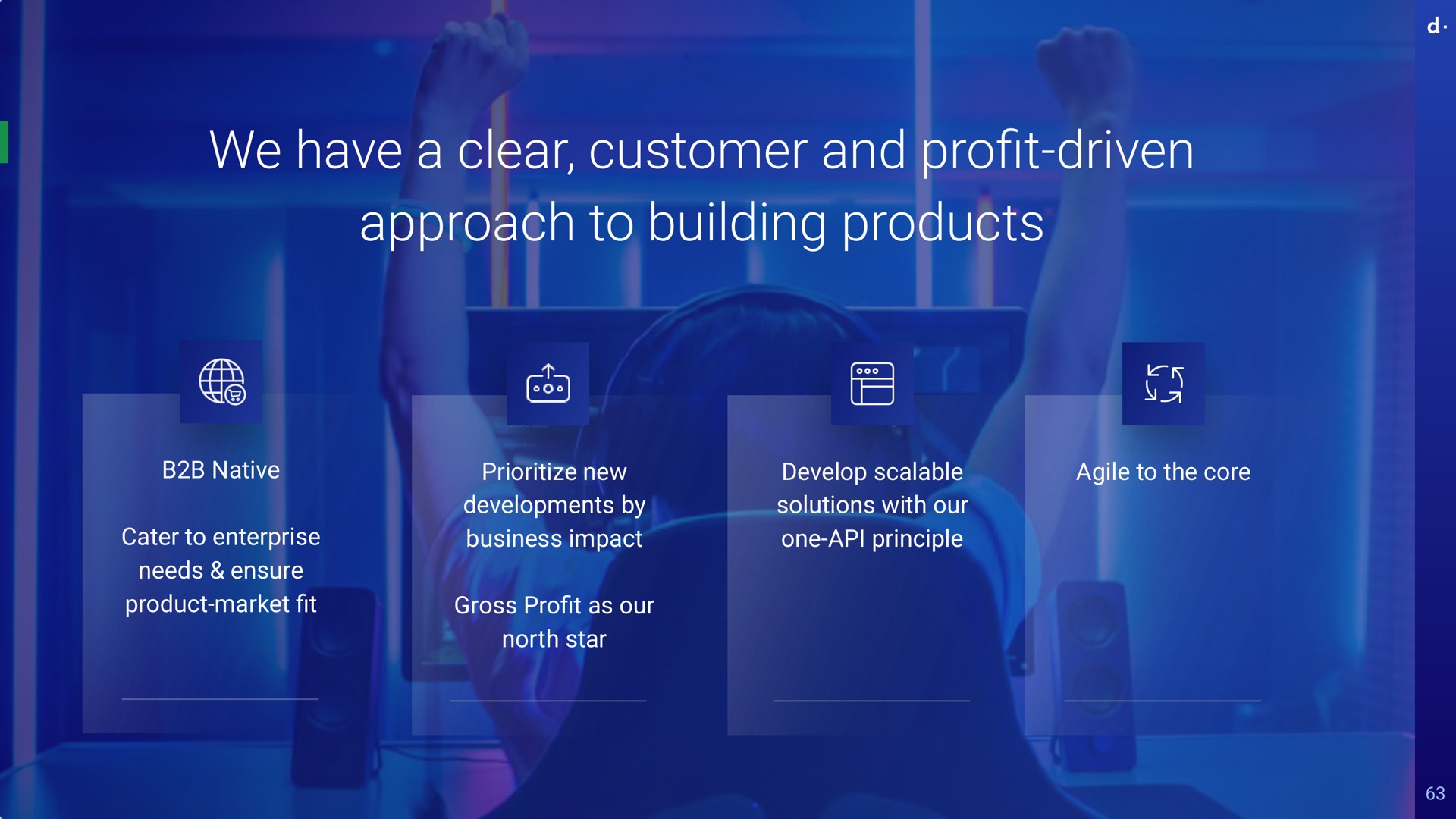 we have a clear customer and pro driven approach to building products native cater to enterprise needs ensure product market new developments by business impact gross pro as our north star develop scalable solutions with our one principle agile to the core profit driven fit lis dom aln profit | dLocal