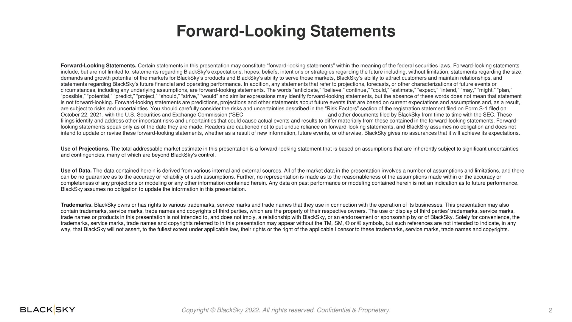 forward looking statements | BlackSky