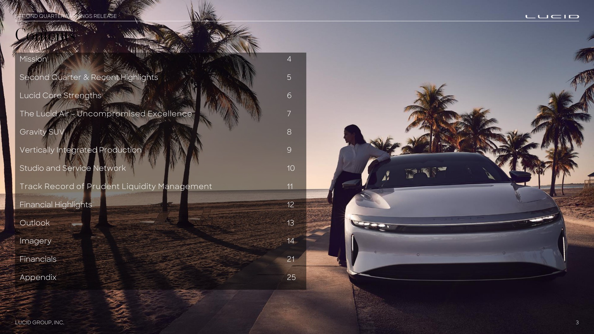 mission second quarter recent highlights lucid core strengths the lucid air uncompromised excellence gravity vertically integrated production studio and service network track record of prudent liquidity management financial highlights outlook imagery appendix | Lucid Motors