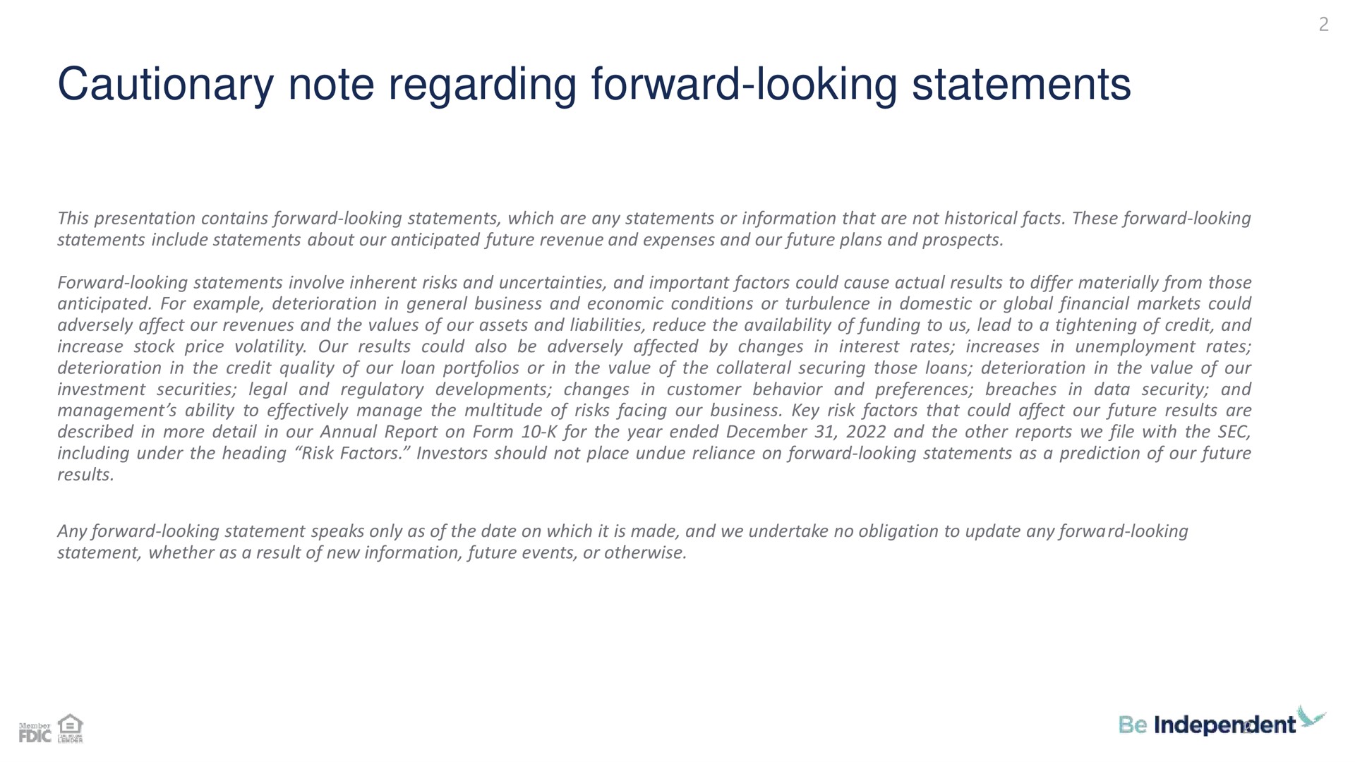 cautionary note regarding forward looking statements | Independent Bank Corp
