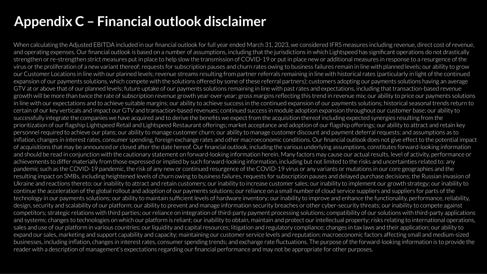 appendix financial outlook disclaimer | Lightspeed