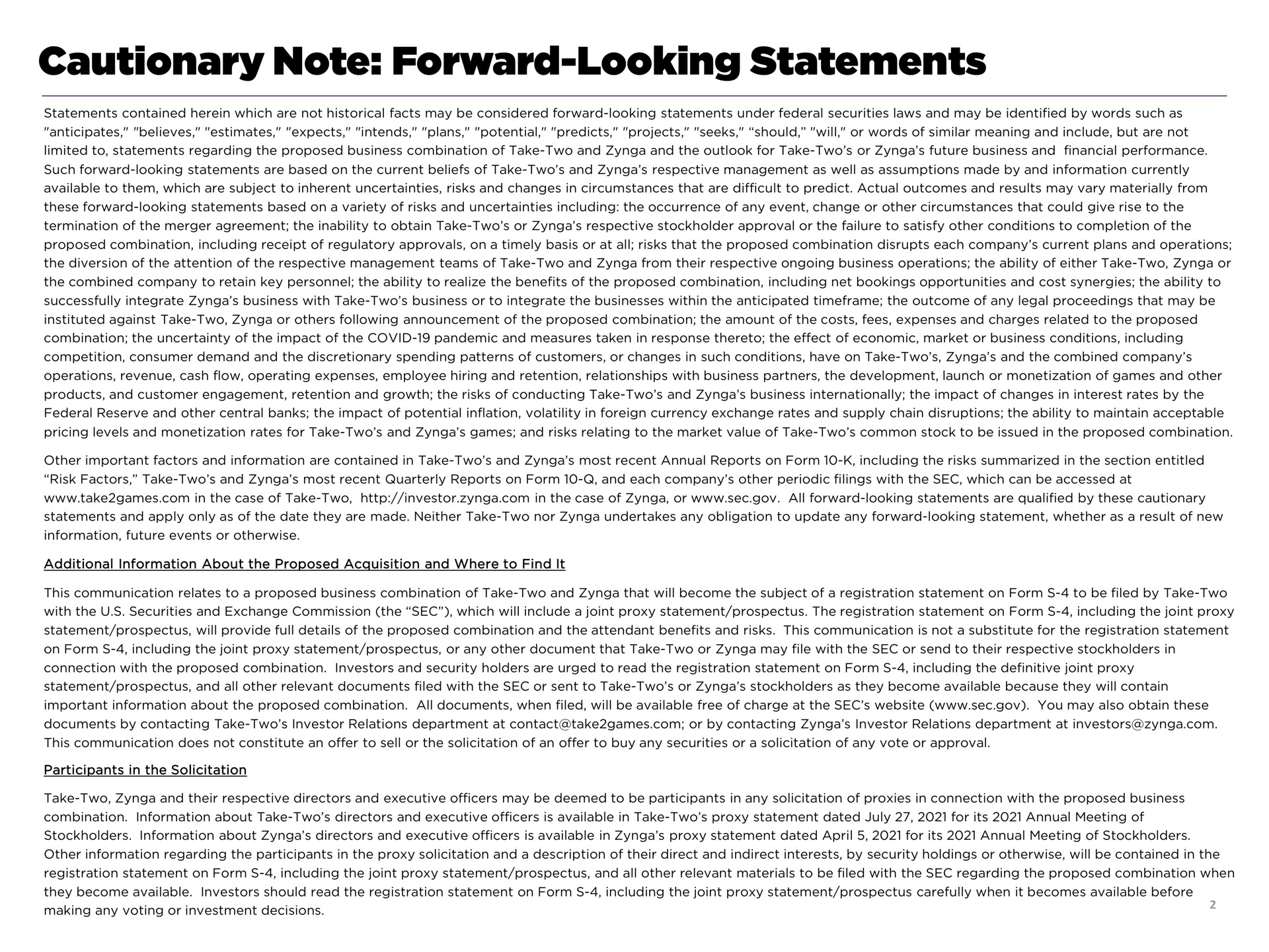 cautionary note forward looking statements | Take-Two Interactive