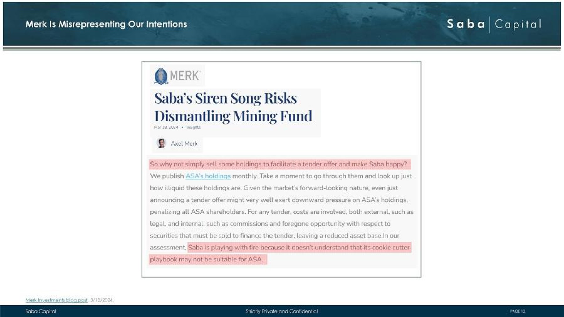 merk is misrepresenting our intentions capital | Saba Capital Management