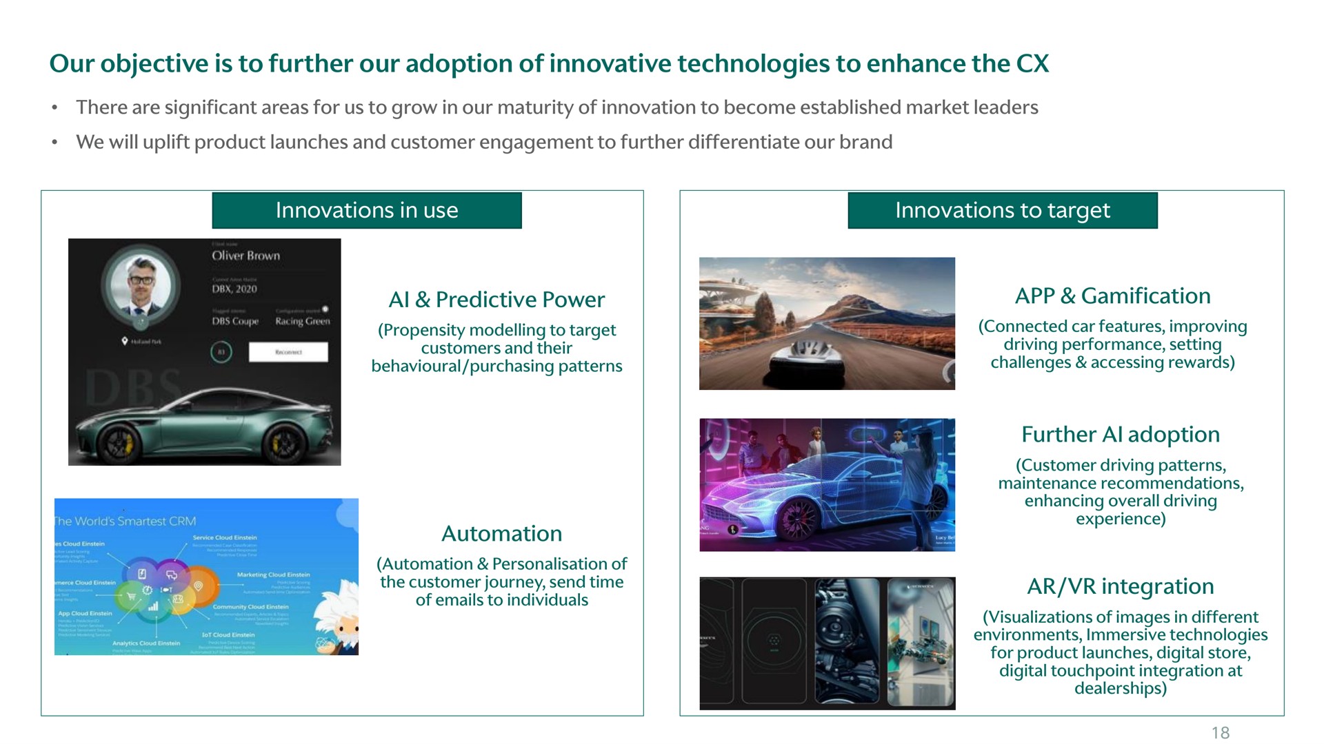 our objective is to further our adoption of innovative technologies to enhance the innovations in use innovations to target predictive power further adoption integration | Aston Martin Lagonda