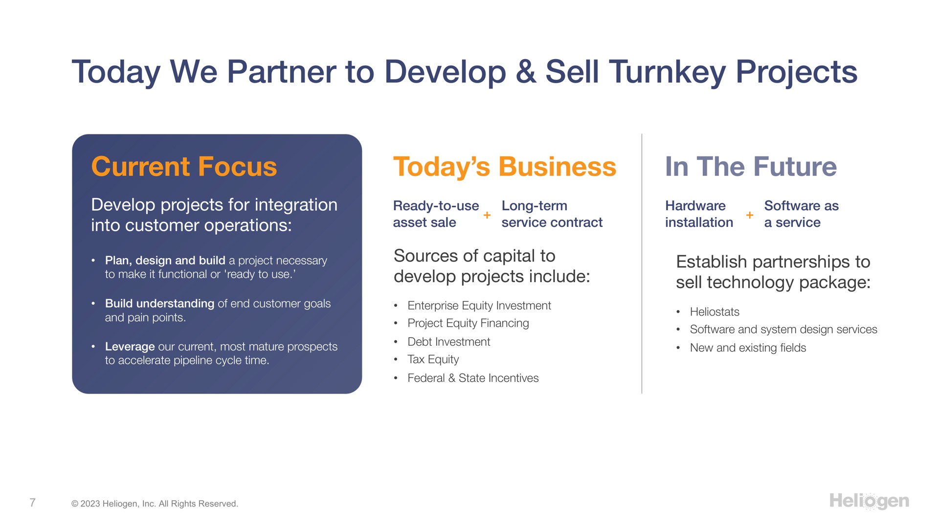 today we partner to develop sell turnkey projects current focus today business in the future | Heliogen
