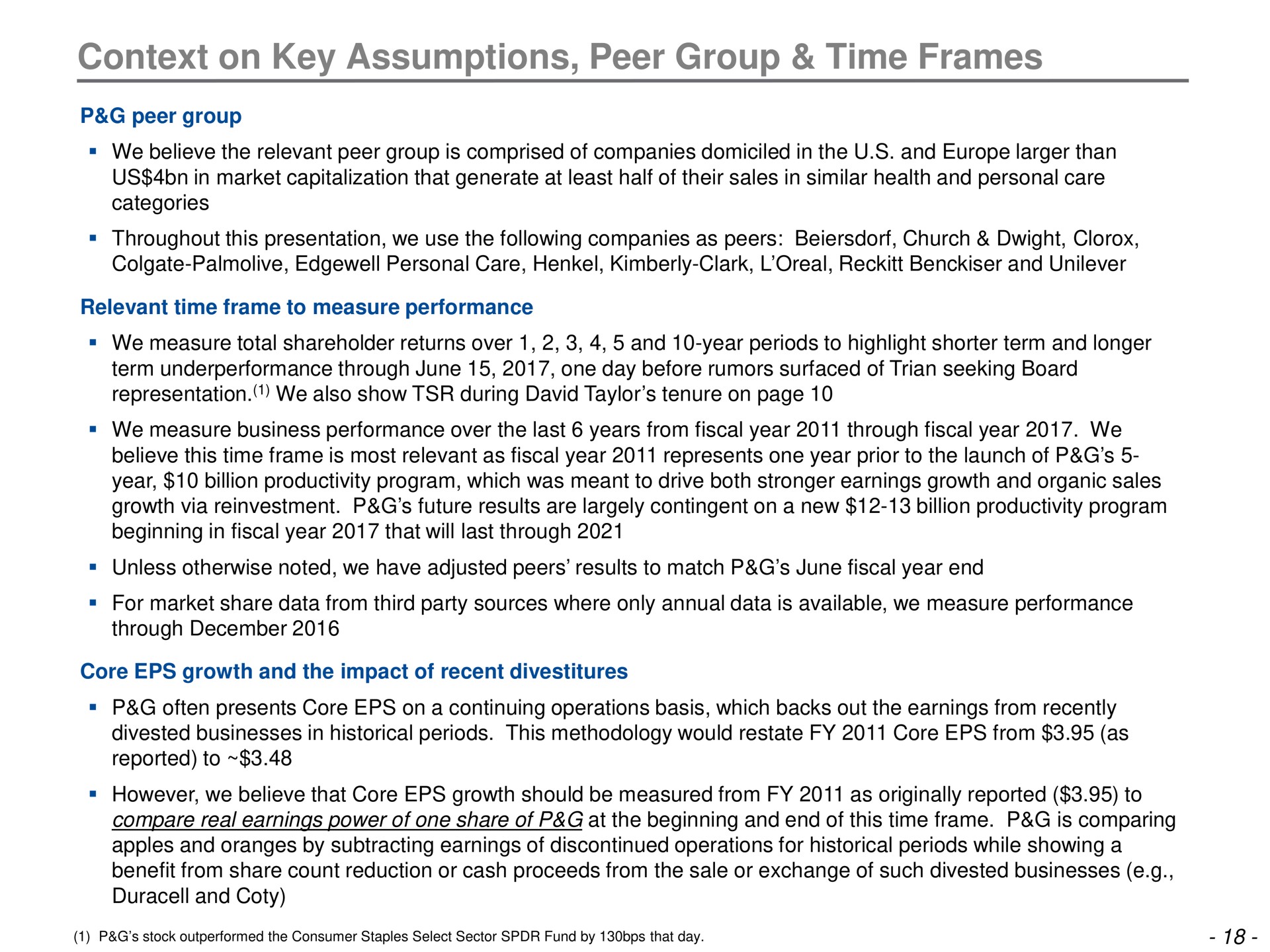 context on key assumptions peer group time frames | Trian Partners