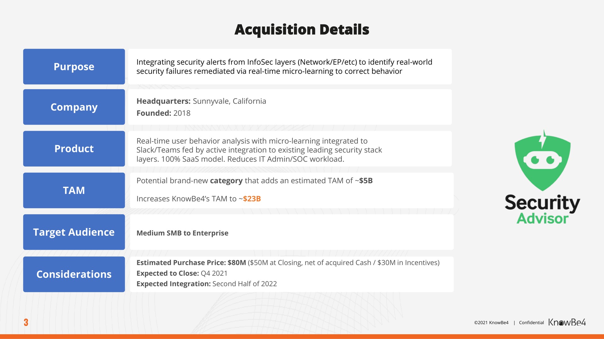 acquisition details advisor | KnowBe4