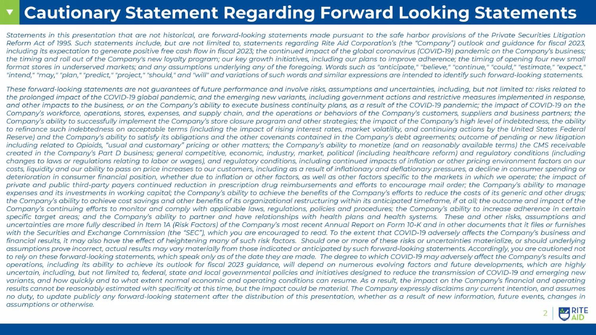 cautionary statement regarding forward looking statements | Rite Aid