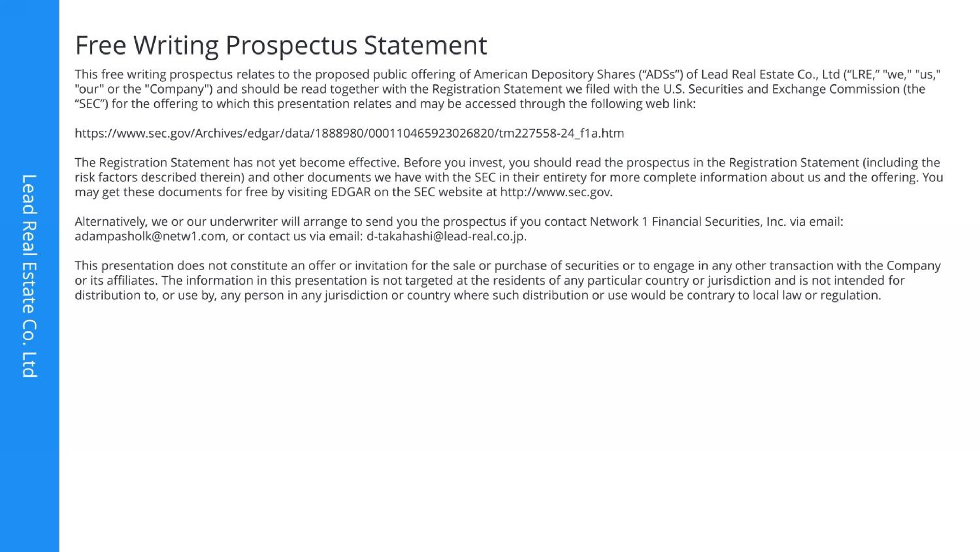 free writing prospectus statement | Lead Real Estate Co