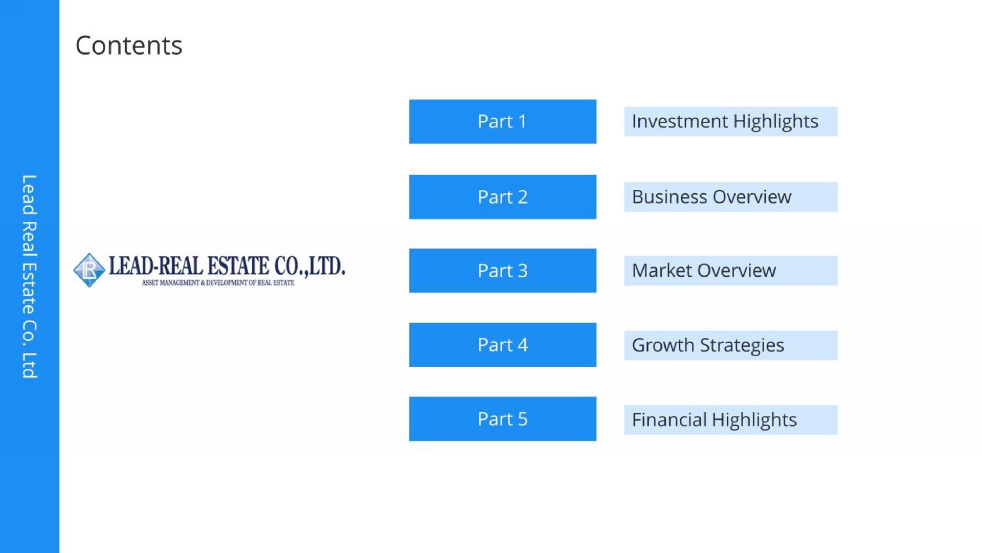 contents part investment highlights business overview lead real estate part market overview aes growth strategies financial highlights | Lead Real Estate Co