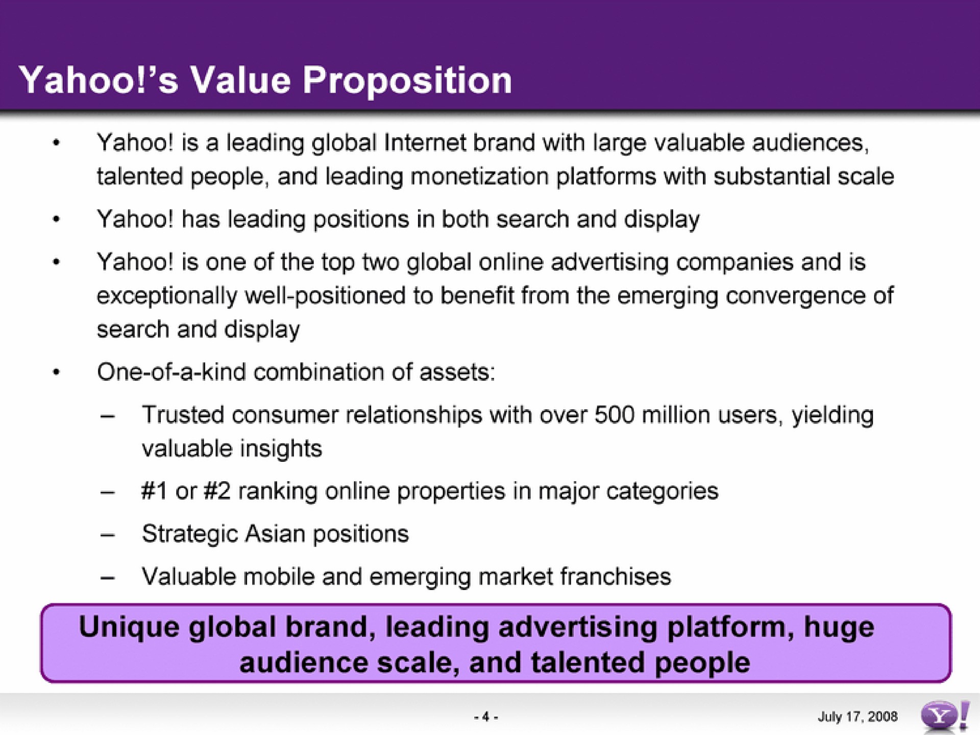 yahoo value proposition unique global brand leading advertising platform huge audience scale and talented people | Yahoo