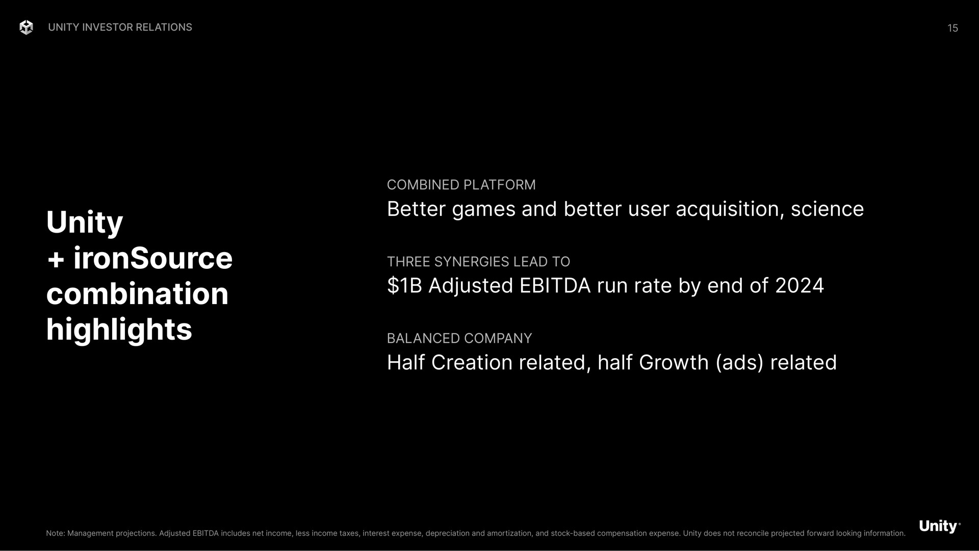 unity combination highlights better games and better user acquisition science adjusted run rate by end of half creation related half growth ads related | Unity Software