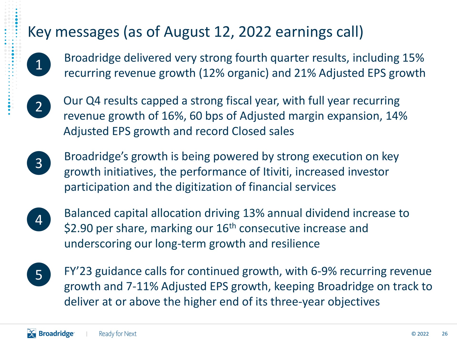 key messages as of august earnings call | Broadridge Financial Solutions