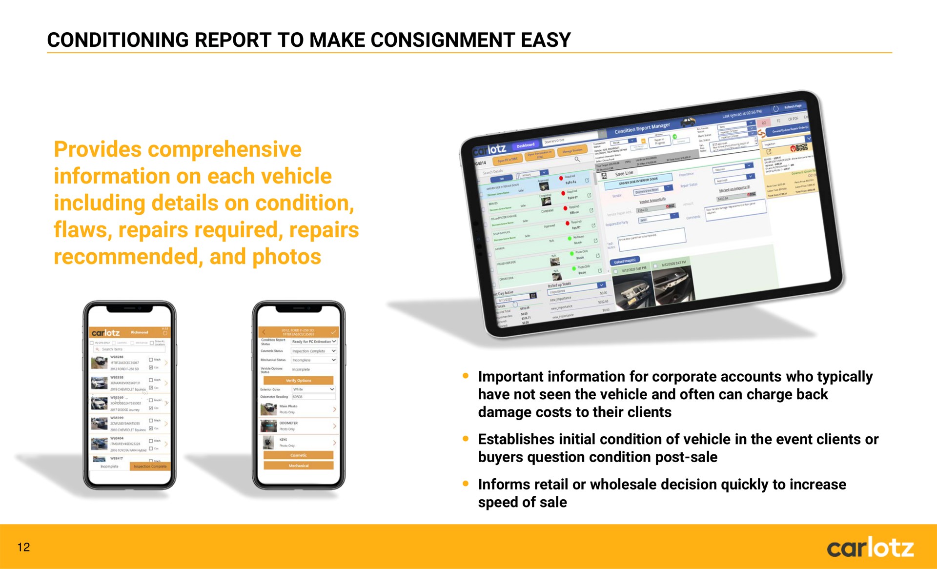 conditioning report to make consignment easy provides comprehensive information on each vehicle including details on condition flaws repairs required repairs recommended and photos car | Carlotz