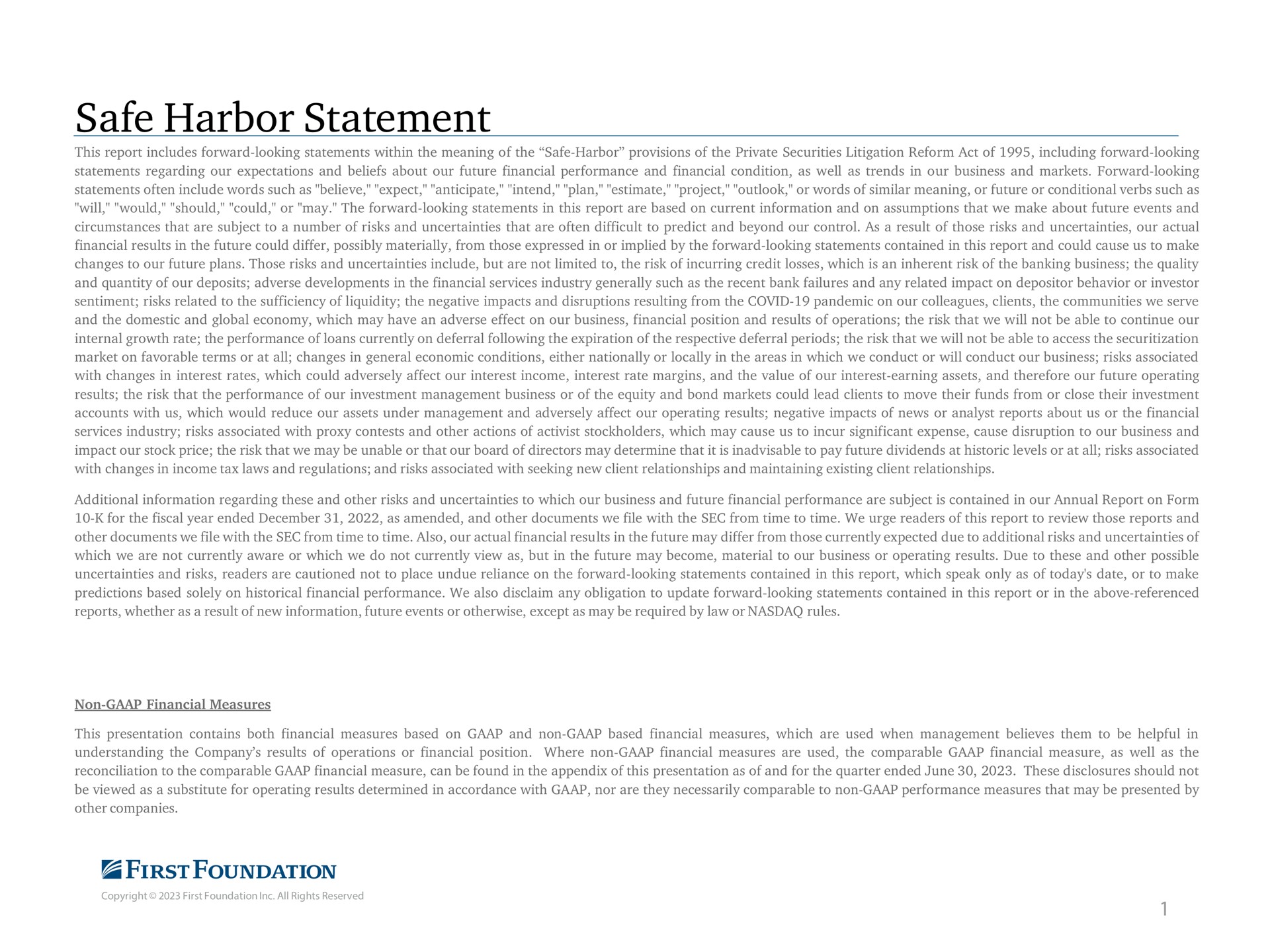 safe harbor statement | First Foundation