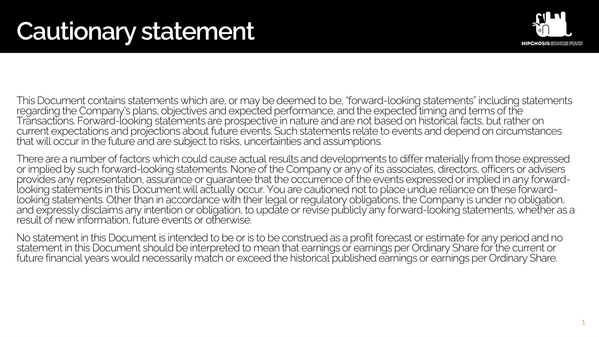 cautionary statement | Hipgnosis Songs Fund