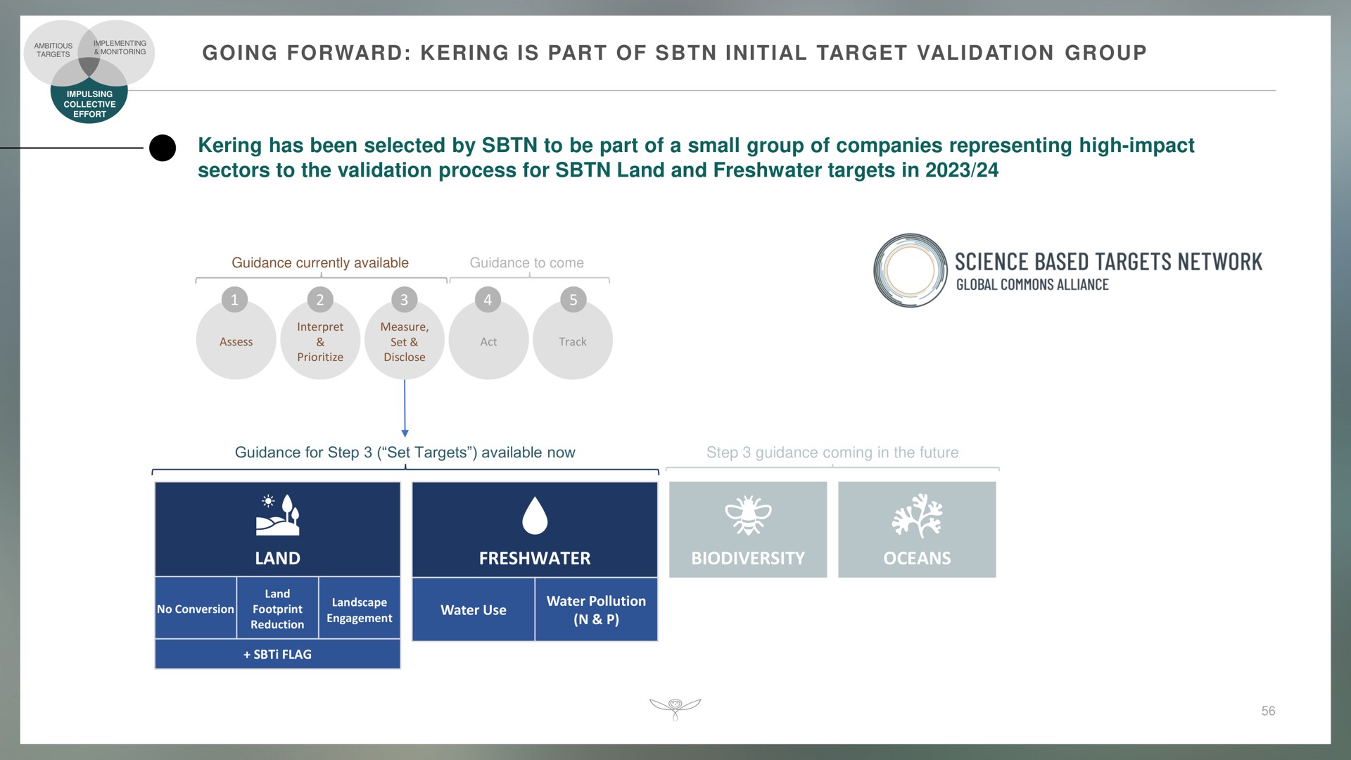 going forward is part of initial target validation group has been selected by to be part of a small group of companies representing high impact sectors to the validation process for land and targets in land oceans monitoring guidance currently guidance science based network naw | Kering
