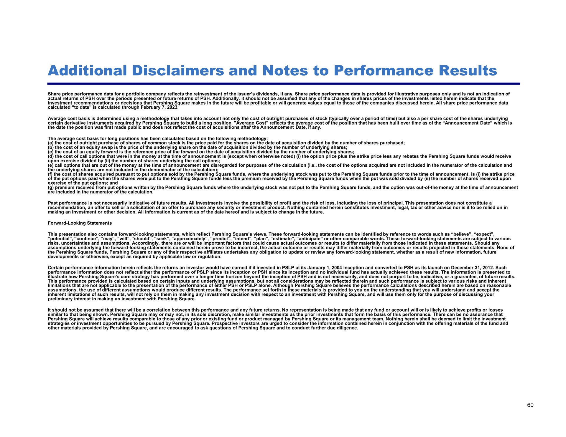 additional disclaimers and notes to performance results | Pershing Square