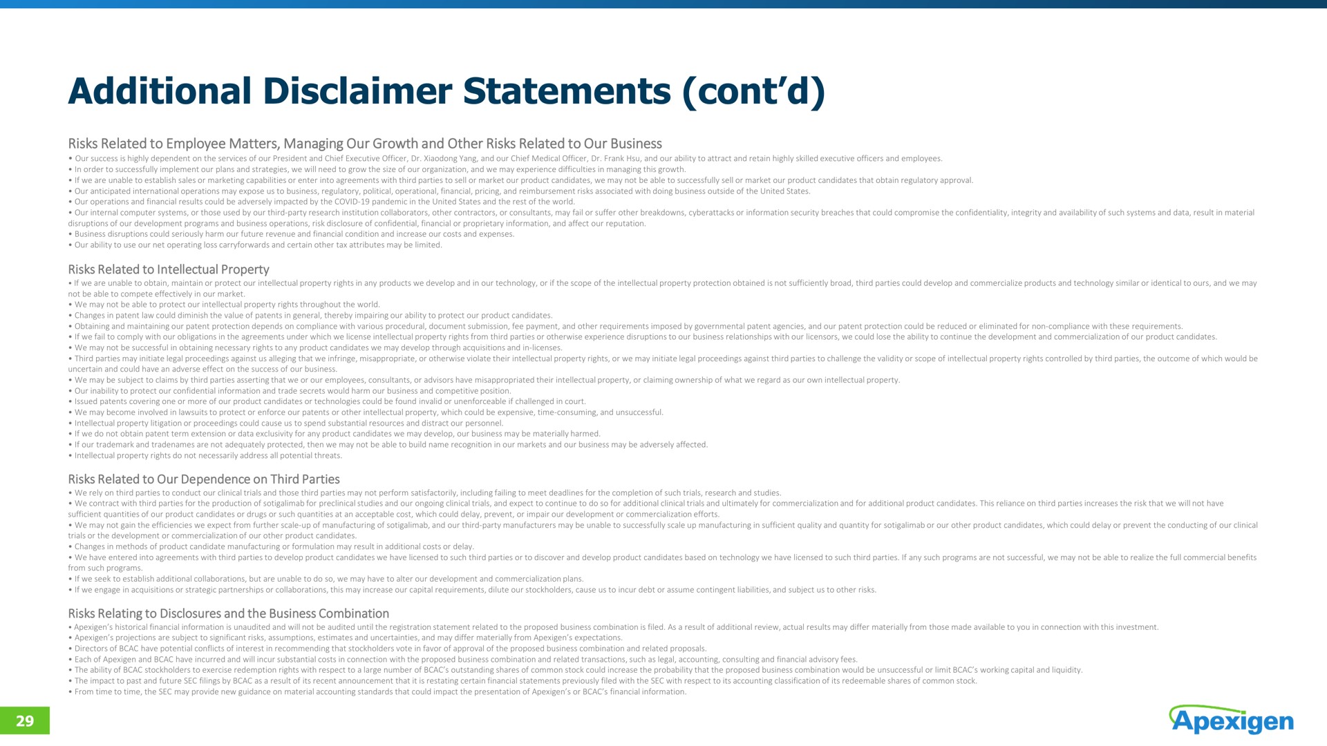 additional disclaimer statements | Apexigen