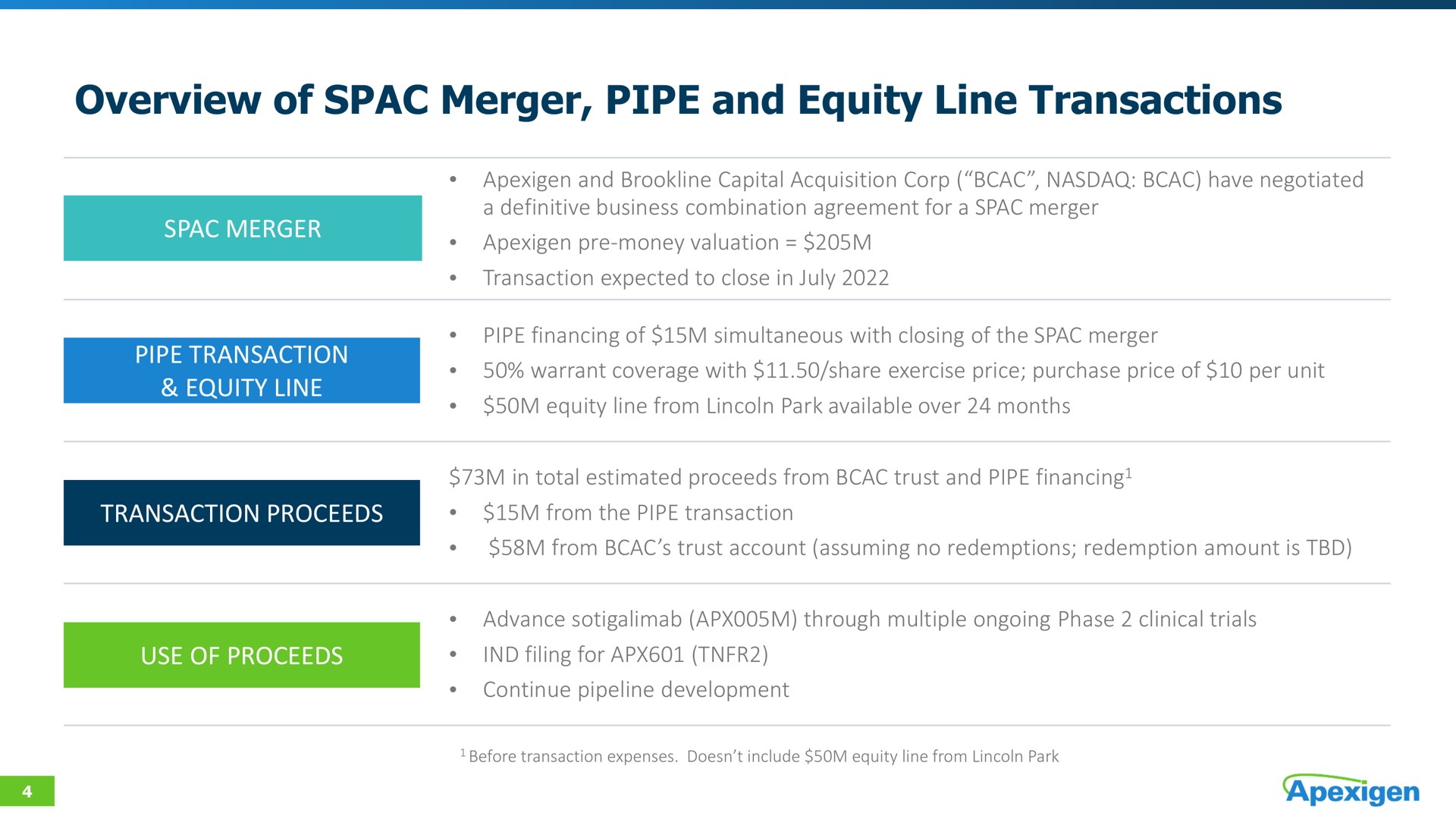 overview of merger pipe and equity line transactions | Apexigen