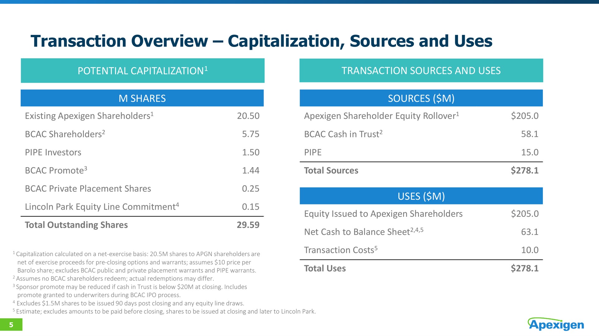 transaction overview capitalization sources and uses | Apexigen