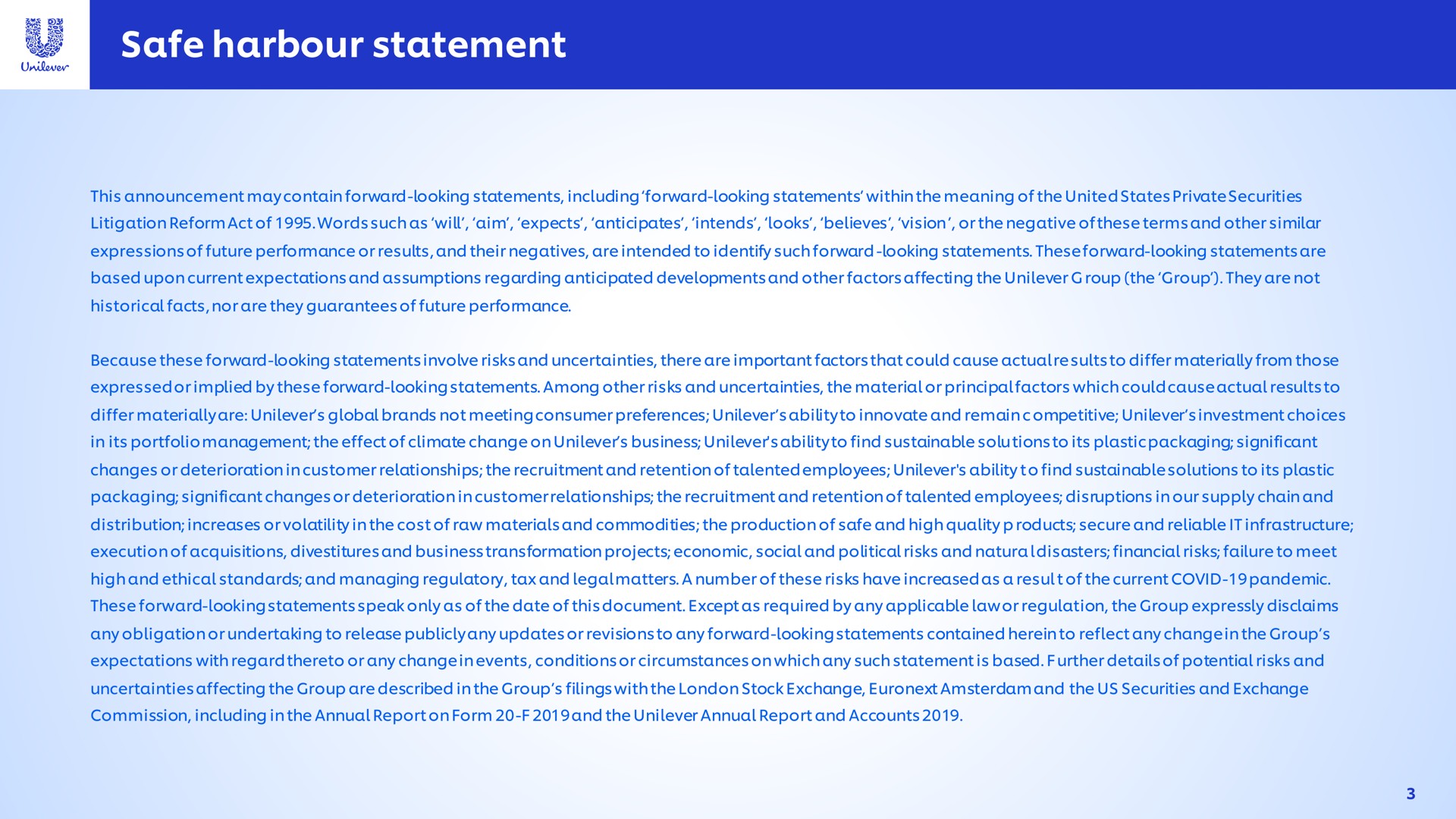 safe harbour statement | Unilever