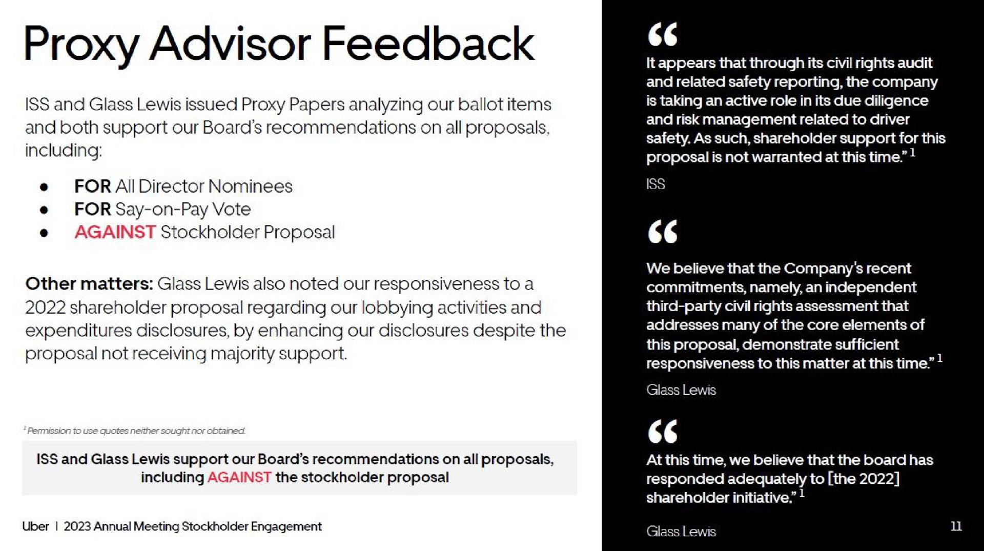 proxy advisor feedback a | Uber