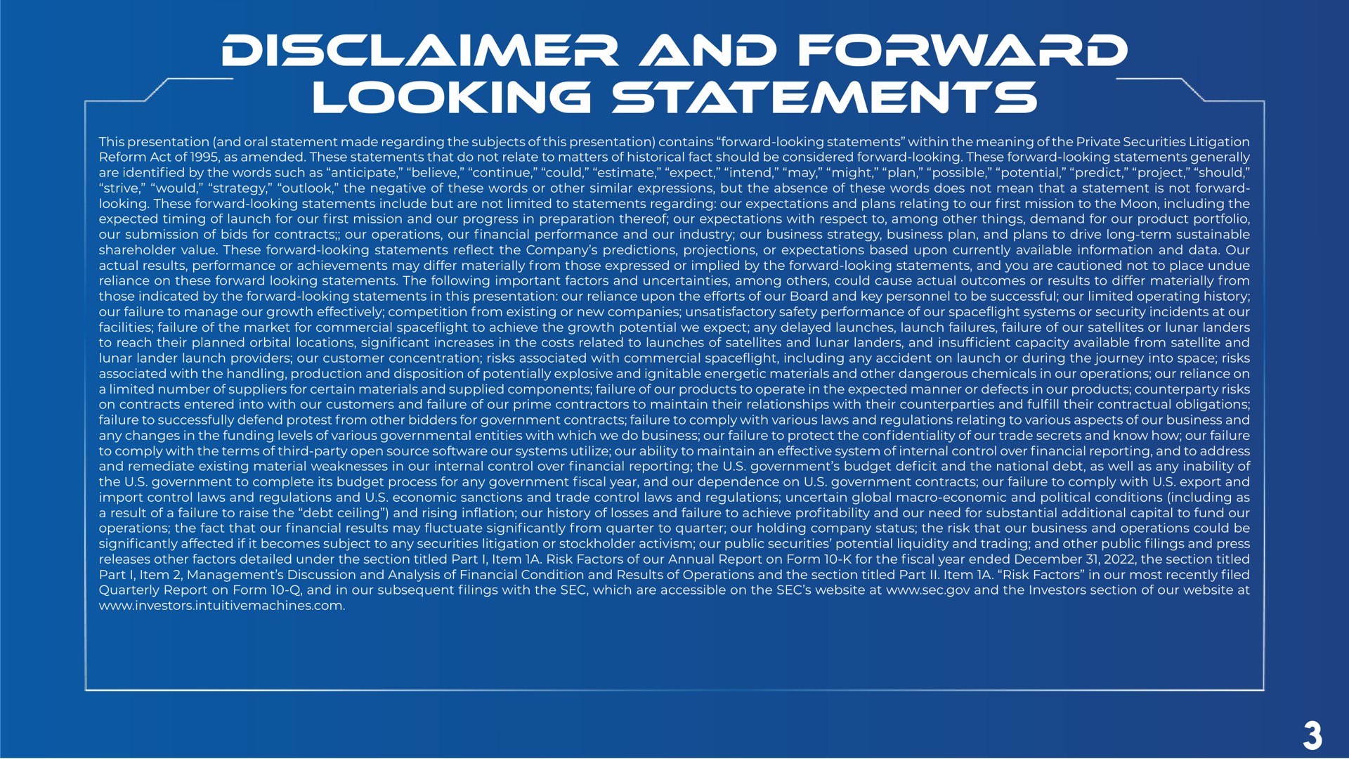 disclaimer and forward looking statements | Intuitive Machines
