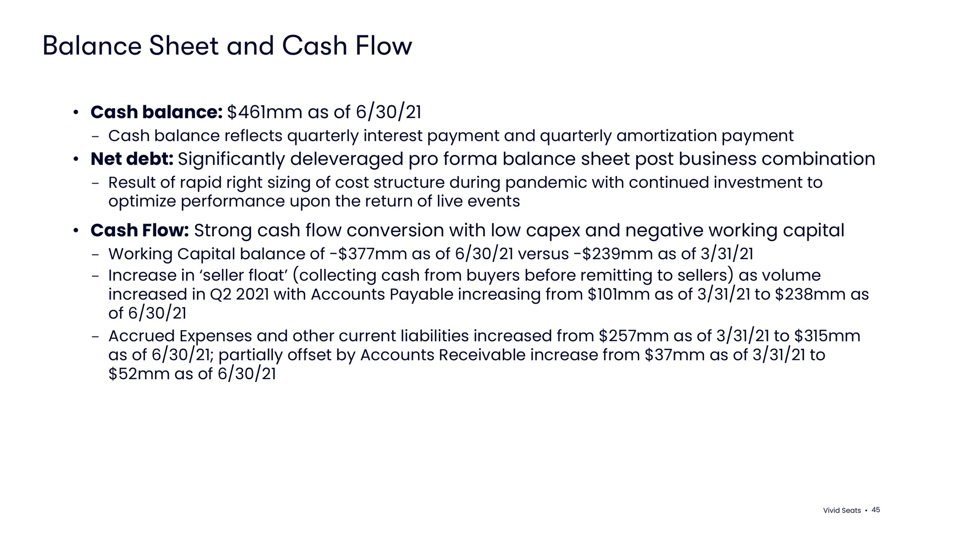 balance sheet and cash flow as of | Vivid Seats