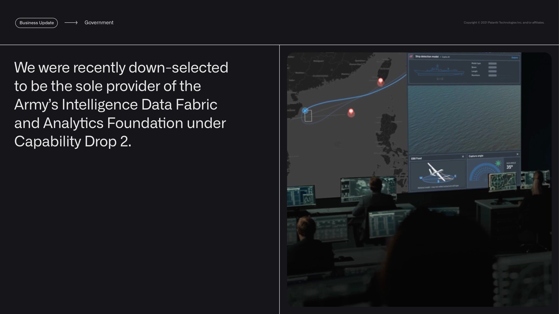 government we were recently down selected to be the sole provider of the army intelligence data fabric and analytics foundation under capability drop | Palantir