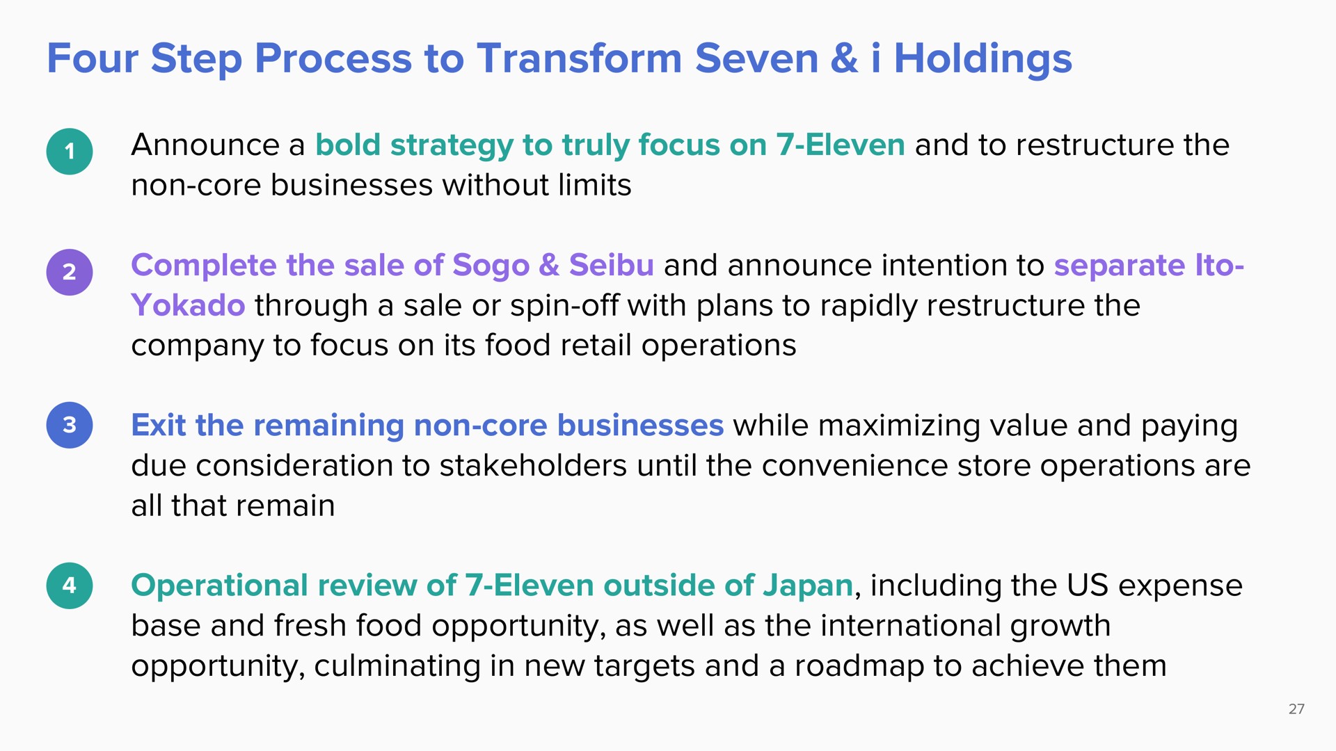 four step process to transform seven i holdings announce a bold strategy to truly focus on eleven and to the non core businesses without limits complete the sale of and announce intention to separate through a sale or spin off with plans to rapidly the company to focus on its food retail operations exit the remaining non core businesses while maximizing value and paying due consideration to stakeholders until the convenience store operations are all that remain operational review of eleven outside of japan including the us expense base and fresh food opportunity as well as the international growth opportunity culminating in new targets and a to achieve them | ValueAct Capital