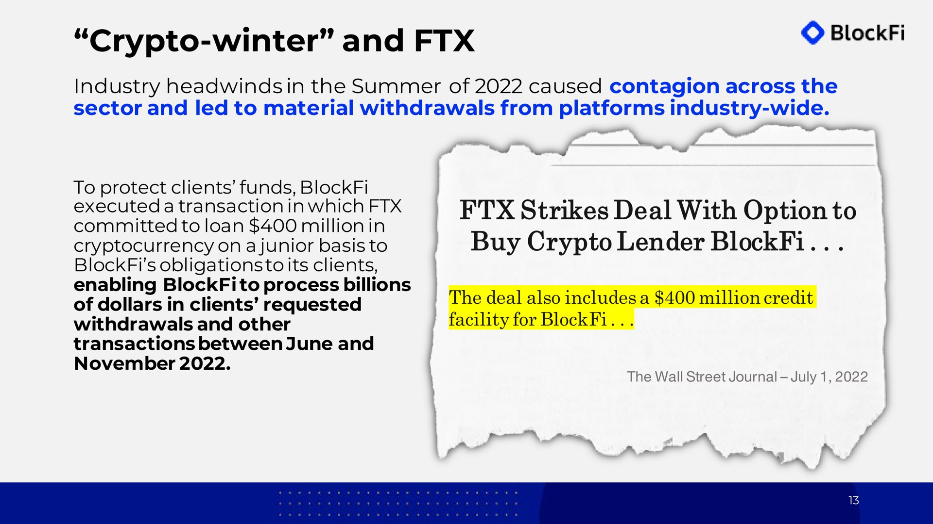 winter and industry in the summer of caused contagion across the sector and led to material withdrawals from platforms industry wide to protect clients funds executed a transaction in which committed to loan million in on a junior basis to obligations to its clients enabling to process billions of dollars in clients requested withdrawals and other transactions between june and strikes deal with option to buy lender the deal also includes a million credit facility for | BlockFi