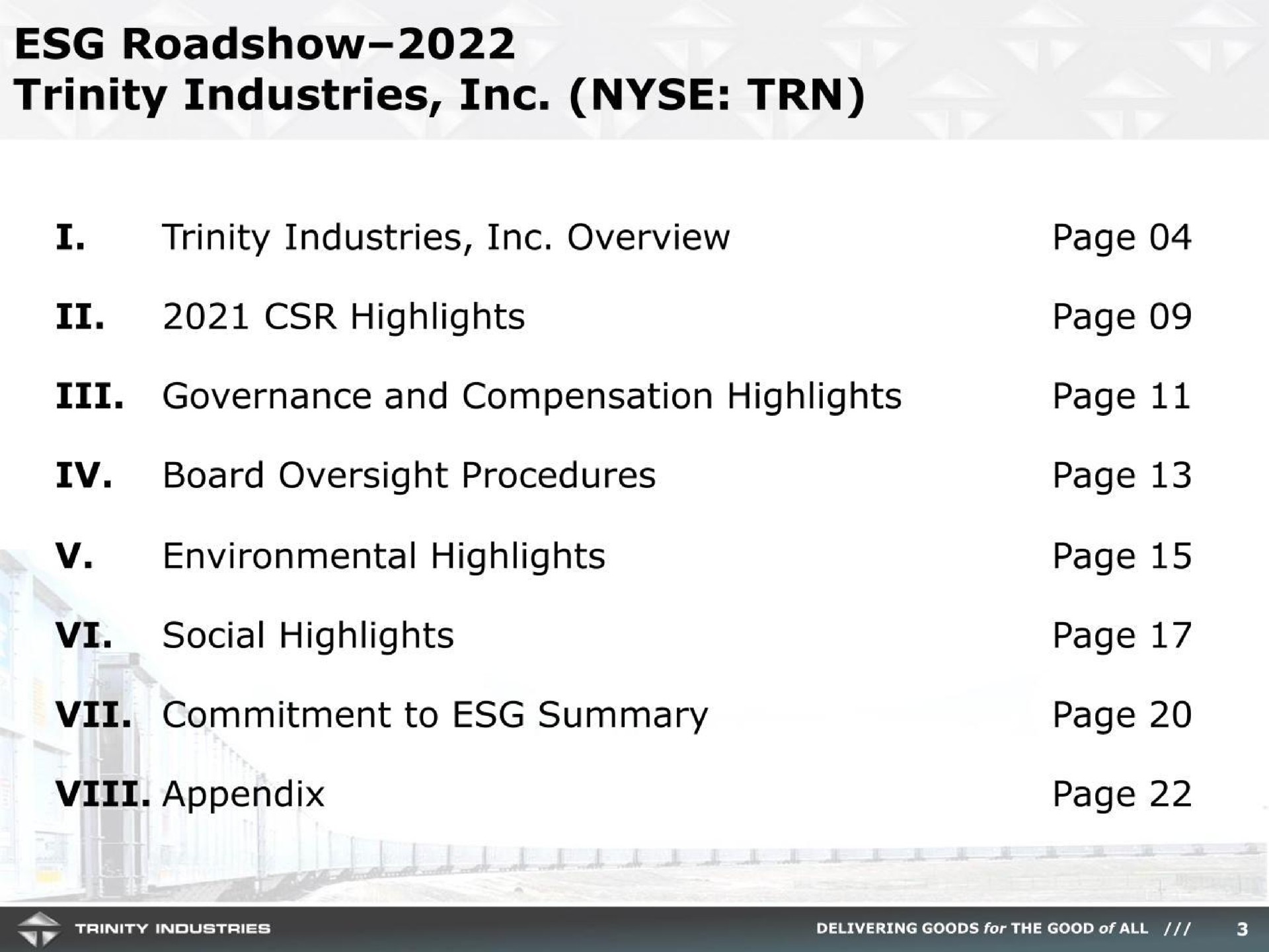 trinity industries i trinity industries overview highlights page page governance and compensation highlights page board oversight procedures environmental highlights social highlights commitment to summary appendix page page page page page | Trinity Industries