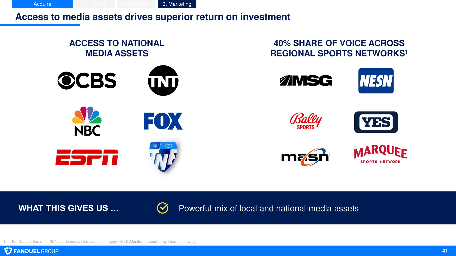 access to media assets drives superior return on investment access to national media assets share of voice across regional sports networks what this gives us powerful mix of local and national media assets we fox i res marquee pat | Flutter