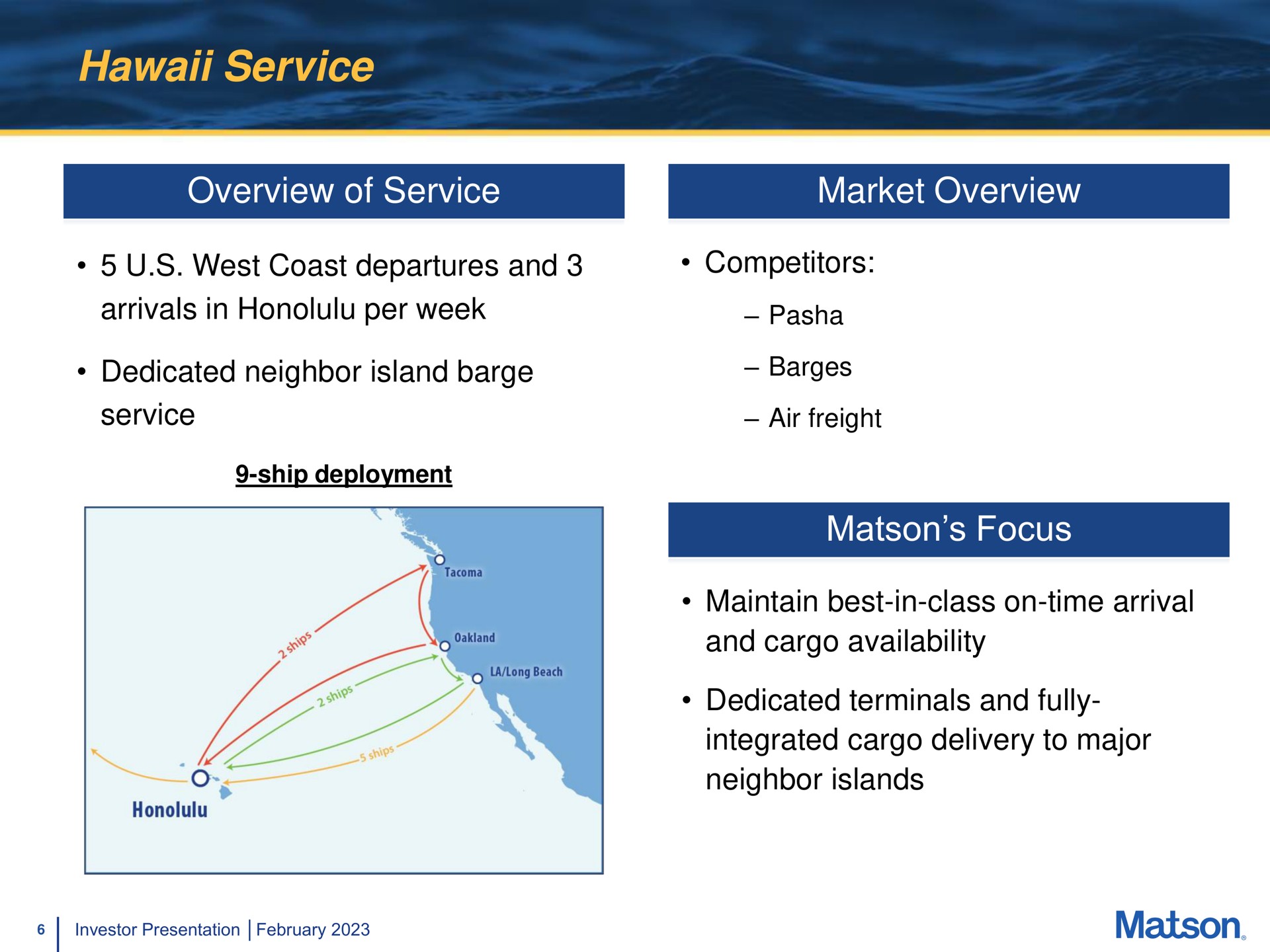 service overview of service market overview west coast departures and competitors arrivals in per week dedicated neighbor island barge service focus maintain best in class on time arrival and cargo availability dedicated terminals and fully integrated cargo delivery to major neighbor islands pasha barges air freight | Matson
