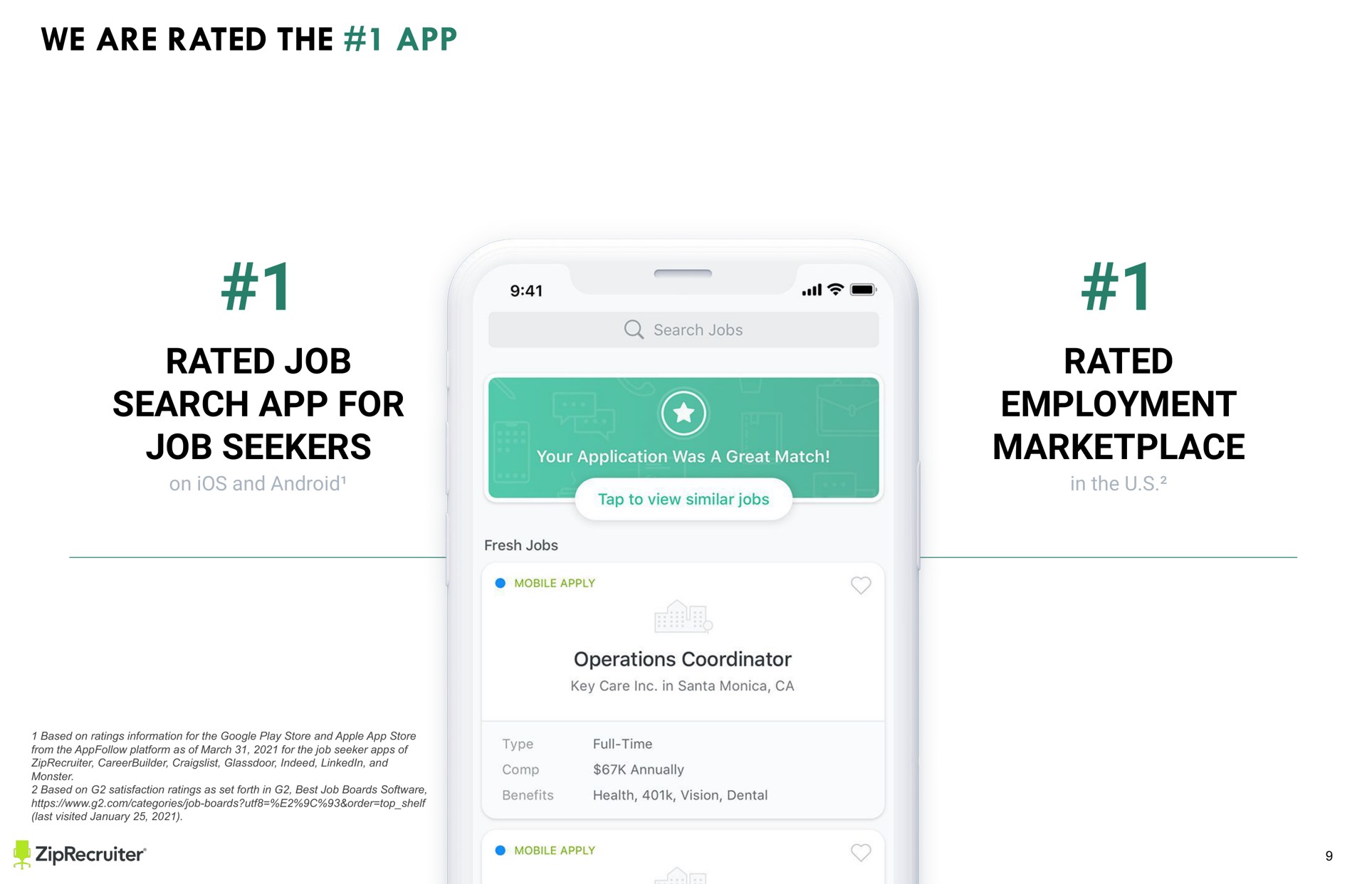 text rated employment in the rated job search for job seekers on ios and android keep all text and images other than full slide backgrounds from the sides of the slide to avoid being cut off when printed we are | ZipRecruiter