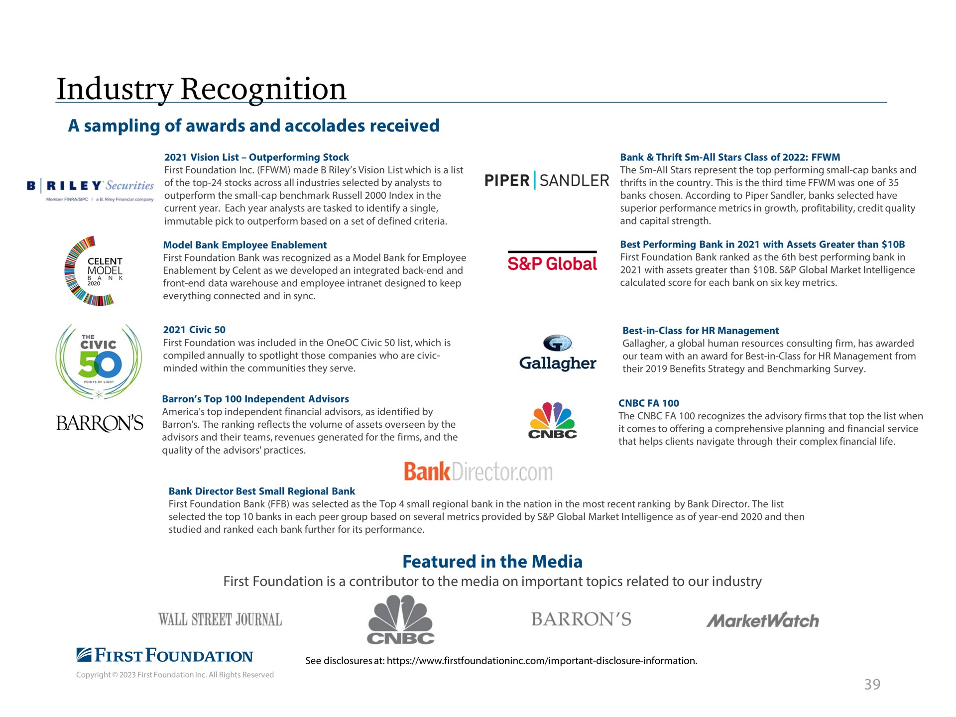 industry recognition a sampling of awards and accolades received featured in the media piper me bank | First Foundation