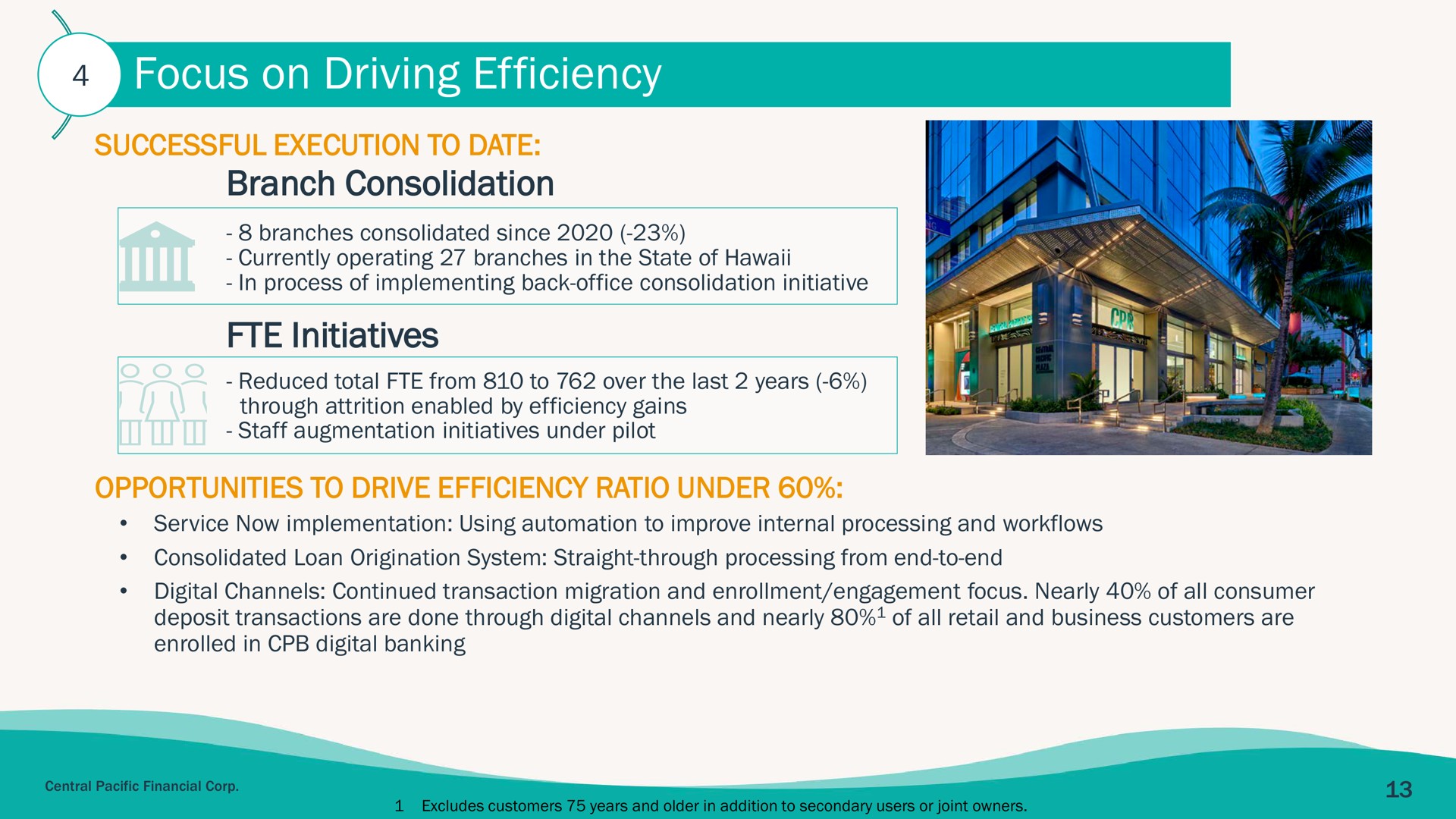 focus on driving efficiency branch consolidation initiatives | Central Pacific Financial