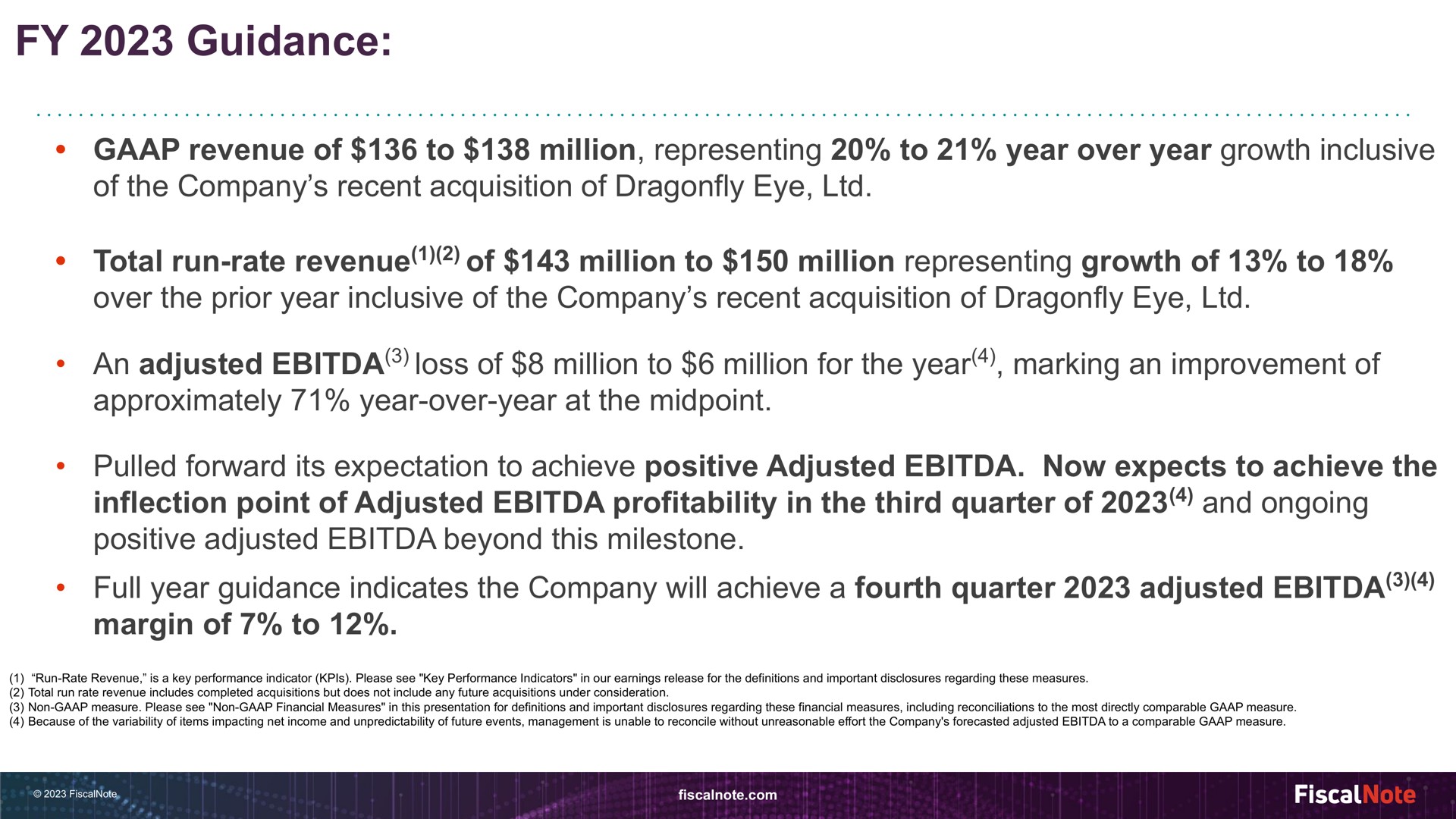 guidance revenue of to million representing to year over year growth inclusive of the company recent acquisition of dragonfly eye total run rate revenue of million to million representing growth of to over the prior year inclusive of the company recent acquisition of dragonfly eye an adjusted loss of million to million for the year marking an improvement of approximately year over year at the pulled forward its expectation to achieve positive adjusted now expects to achieve the inflection point of adjusted profitability in the third quarter of and ongoing positive adjusted beyond this milestone full year guidance indicates the company will achieve a fourth quarter adjusted margin of to | FiscalNote