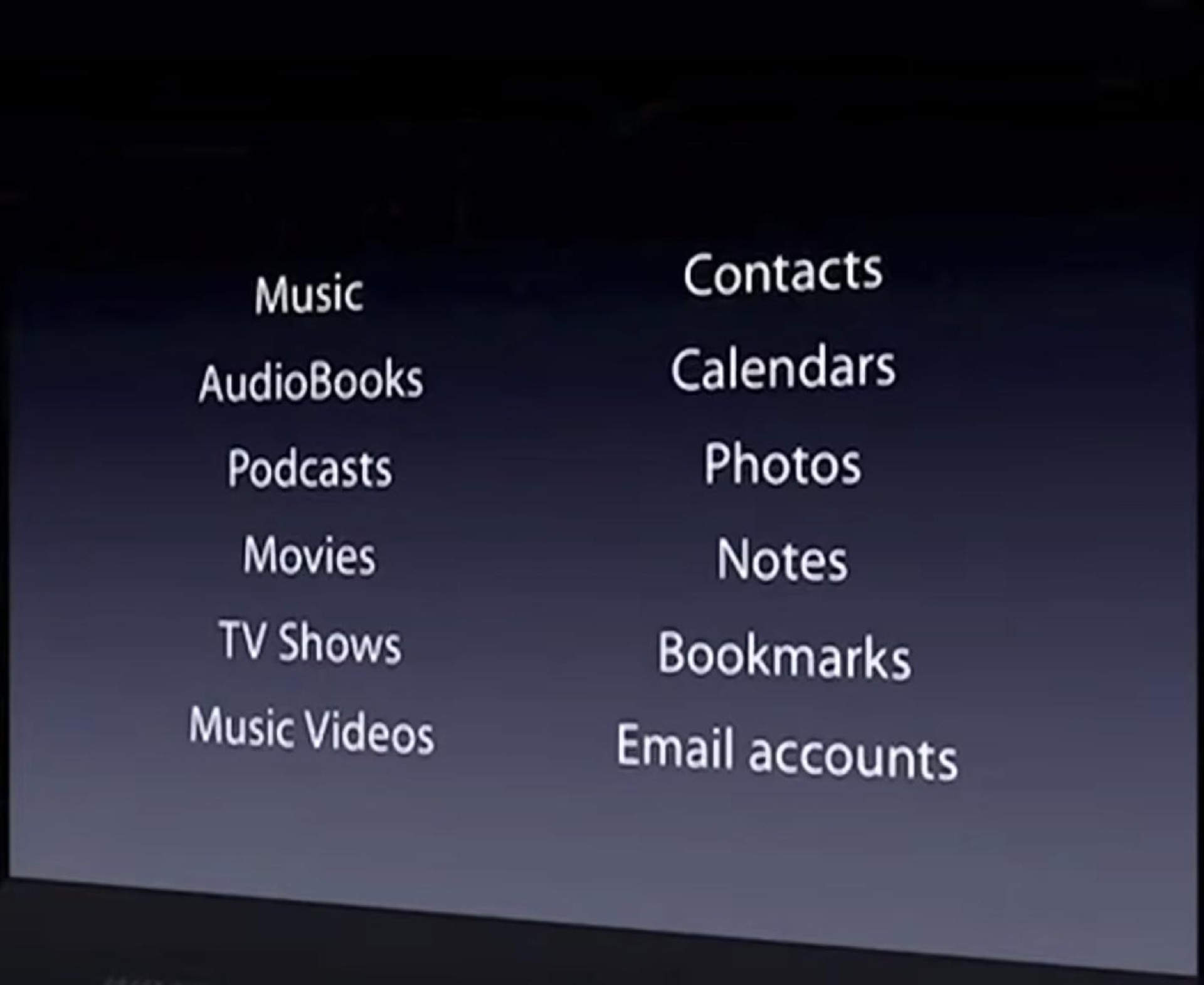 music contacts calendars tes movies shows notes bookmarks | Apple