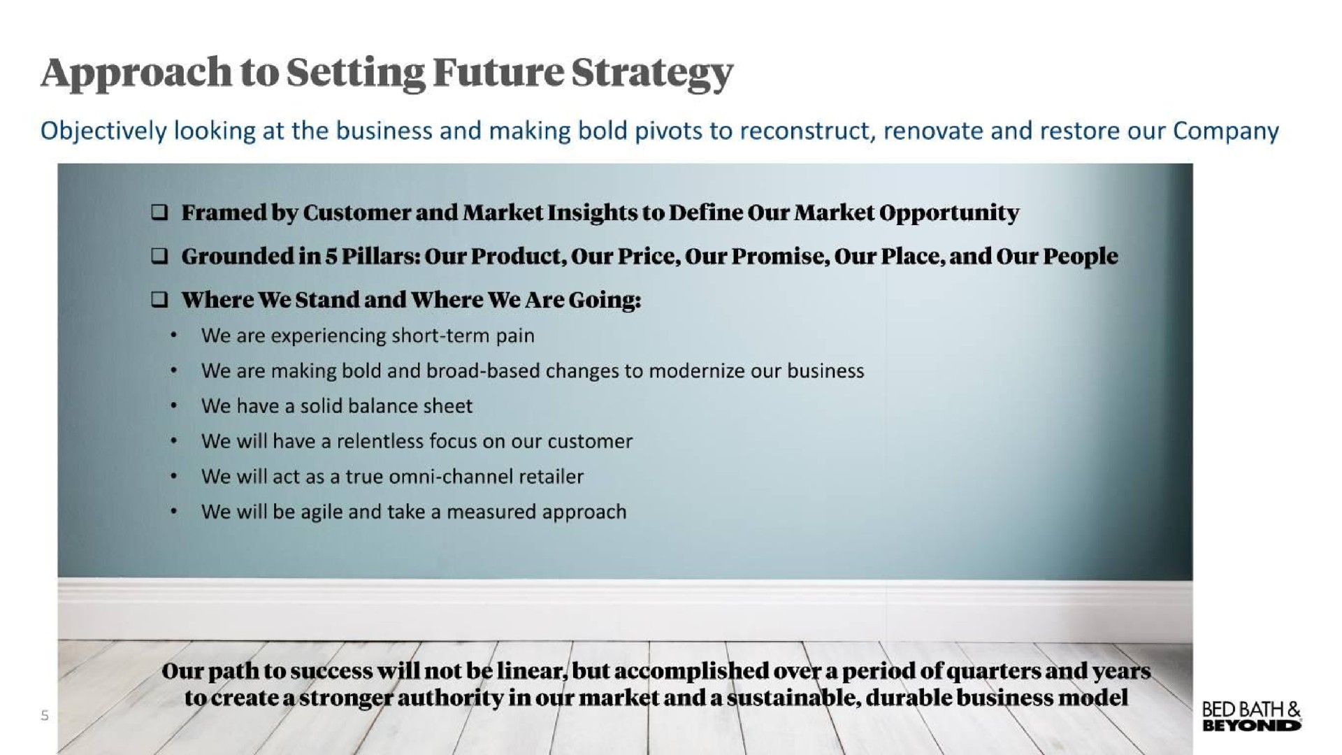 approach to setting future strategy objectively looking at the business and making bold pivots to reconstruct renovate and restore our company customer and market insights to define our market opportunity in pillars our product our price our promise our place and our stand and where we are going short term pain bold and broad based changes to modernize our business we our path to success will authority in our and a sustainable durable business not be linear but accomplished over a period of quarters and yar a bed bath | Bed Bath & Beyond