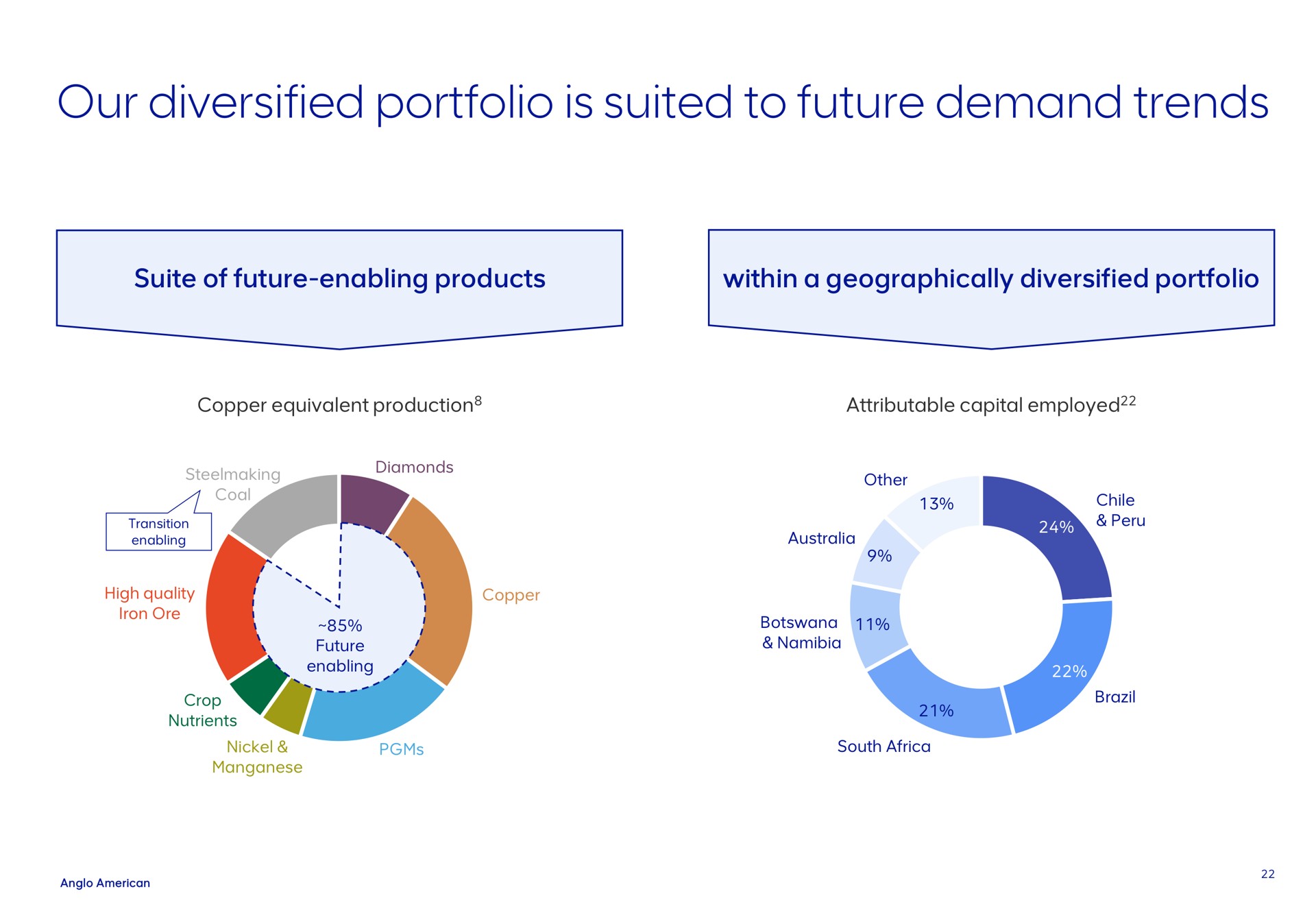 our diversified portfolio is suited to future demand trends suite of future enabling products within a geographically copper equivalent production attributable capital employed copper other brazil south steelmaking coal diamonds transition enabling high quality ore i i i i i so enabling crop nutrients nickel manganese | AngloAmerican