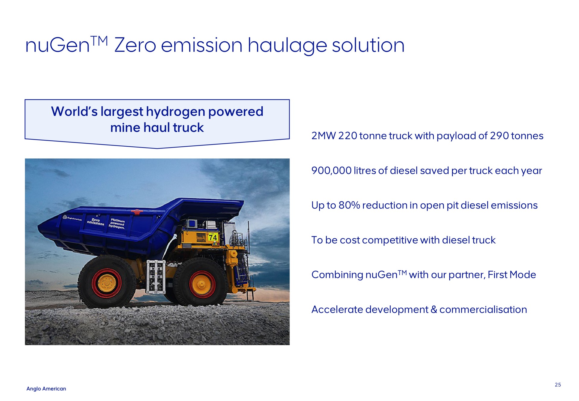 zero emission haulage solution world hydrogen powered mine haul truck truck with of of diesel saved per truck each year up to reduction in open pit diesel emissions to be cost competitive with diesel truck combining with our partner first mode accelerate development | AngloAmerican