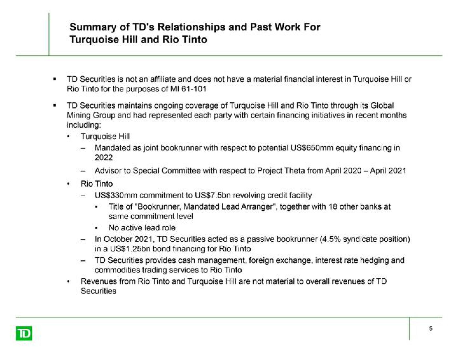 summary of relationships and past work for turquoise hill and rio | TD Securities