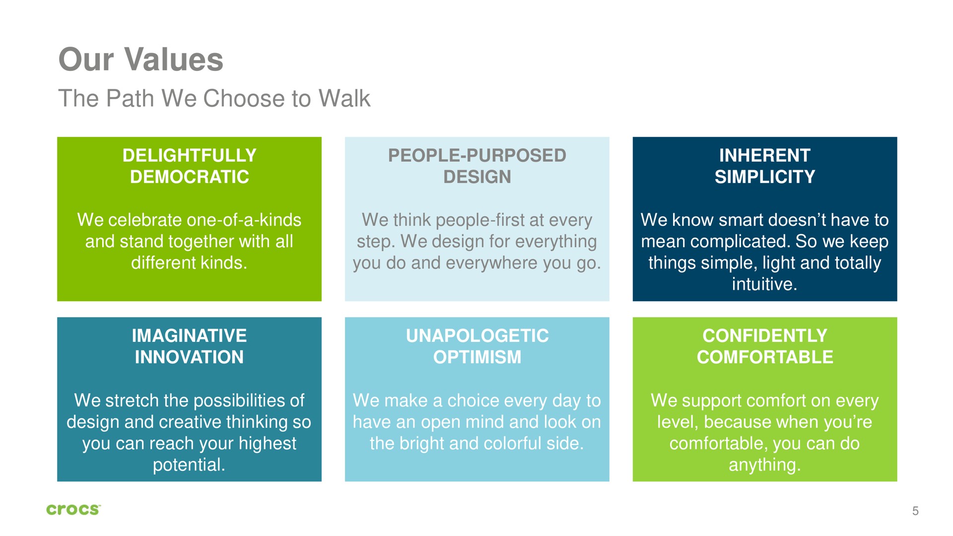 our values the path we choose to walk delightfully democratic people purposed design inherent simplicity we celebrate one of a kinds and stand together with all different kinds we think people first at every step we design for everything you do and everywhere you go we know smart have to mean complicated so we keep things simple light and totally intuitive imaginative innovation unapologetic optimism confidently comfortable we stretch the possibilities of design and creative thinking so you can reach your highest potential we make a choice every day to have an open mind and look on the bright and colorful side we support comfort on every level because when you comfortable you can do anything | Crocs