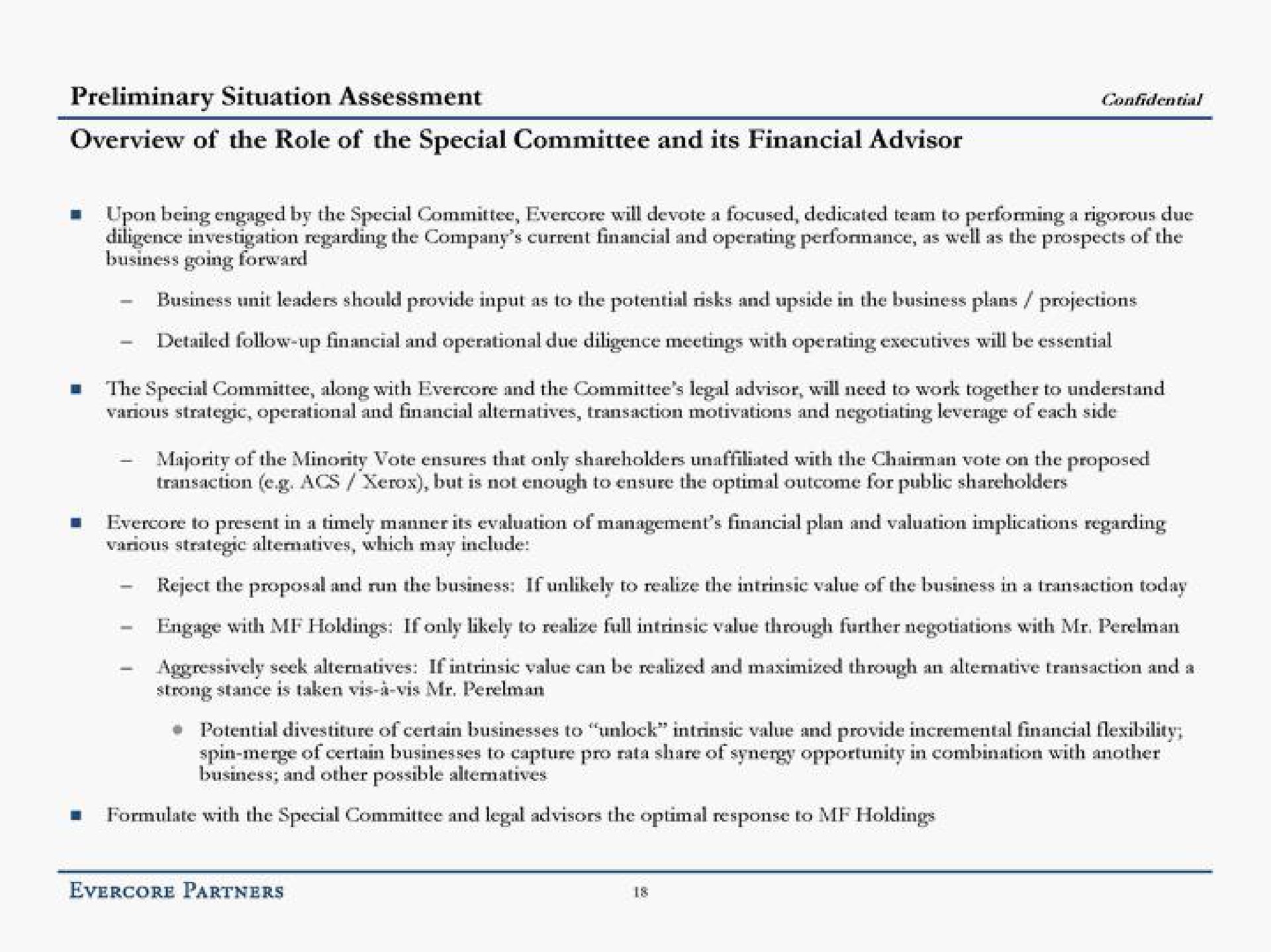 preliminary situation assessment confidential overview of the role of the special committee and its financial advisor | Evercore