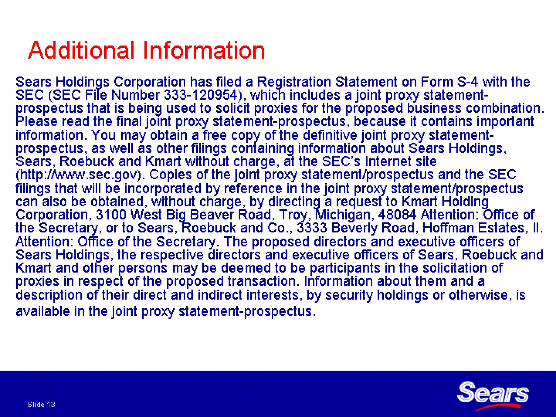 additional information | Sears