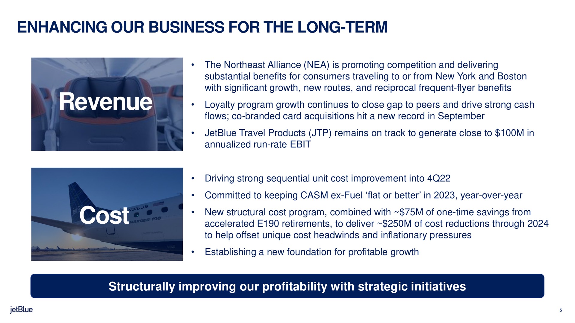 enhancing our business for the long term revenue cost structurally improving our profitability with strategic initiatives committed to keeping fuel flat or better in year over year establishing a new foundation profitable growth | jetBlue
